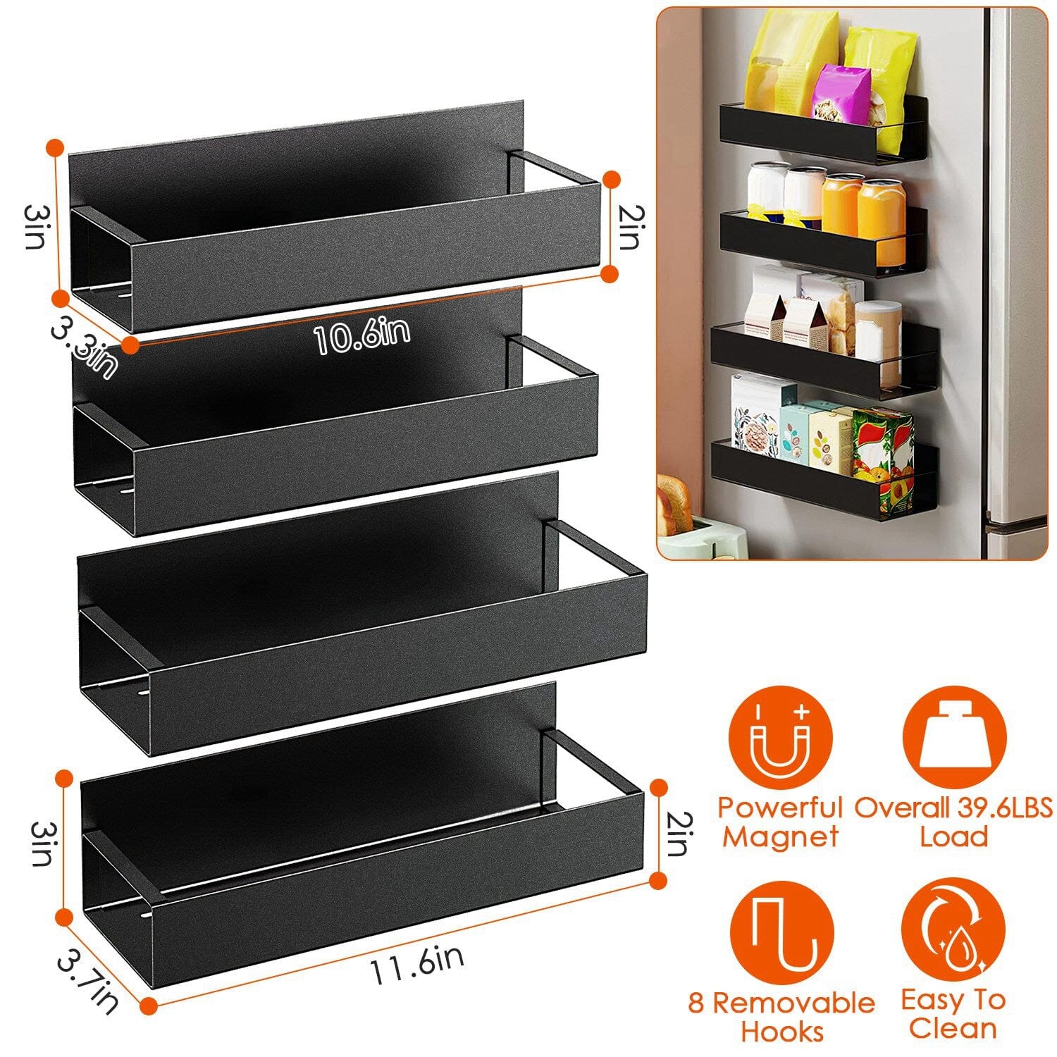 4-Pieces: Spice Rack Strong Magnetic Seasoning Storage Shelf with 8 Removable Hooks Free Shipping Browse