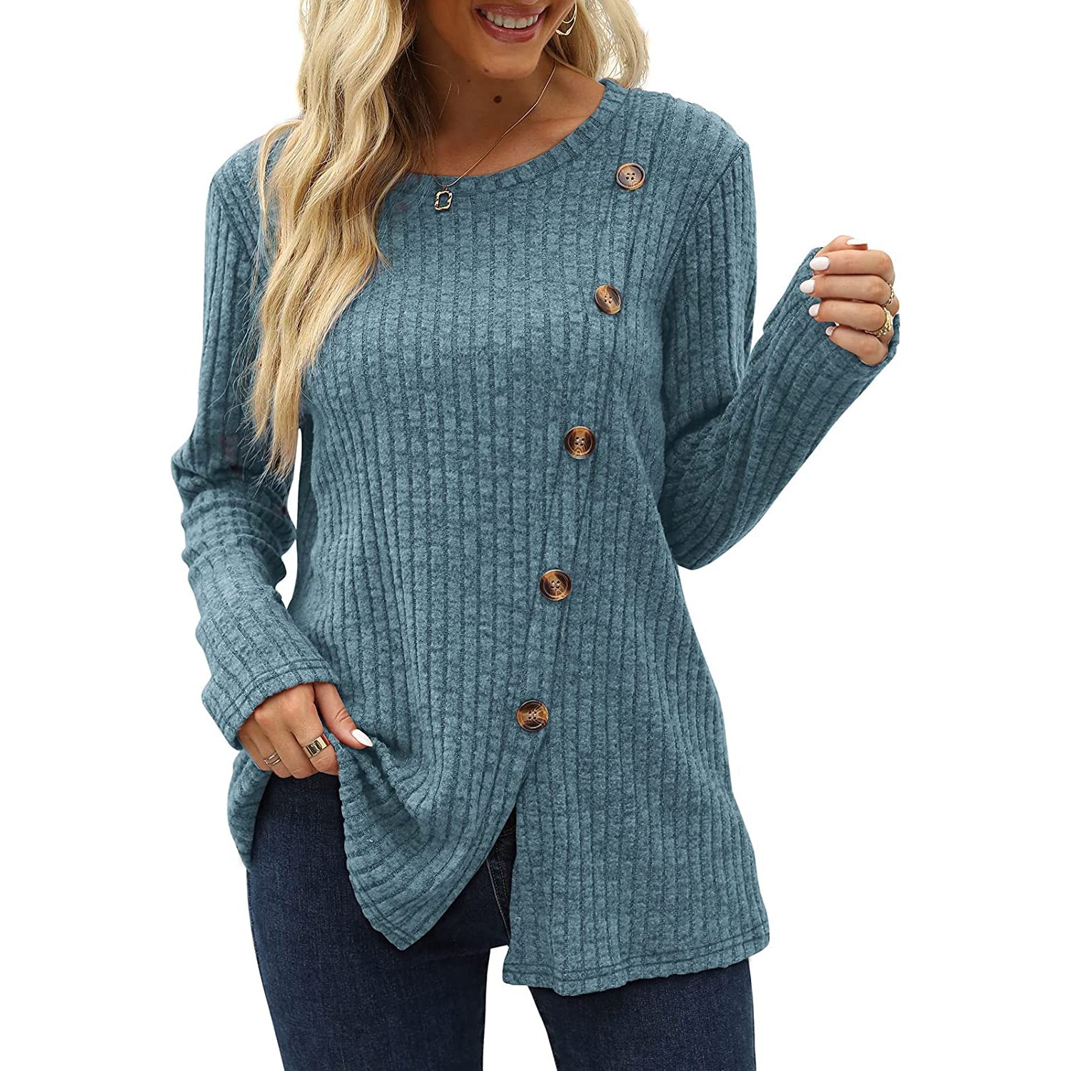 Women's Long Sleeve Crew Neck Tunic Tops Buttons Side Outlet Amazon