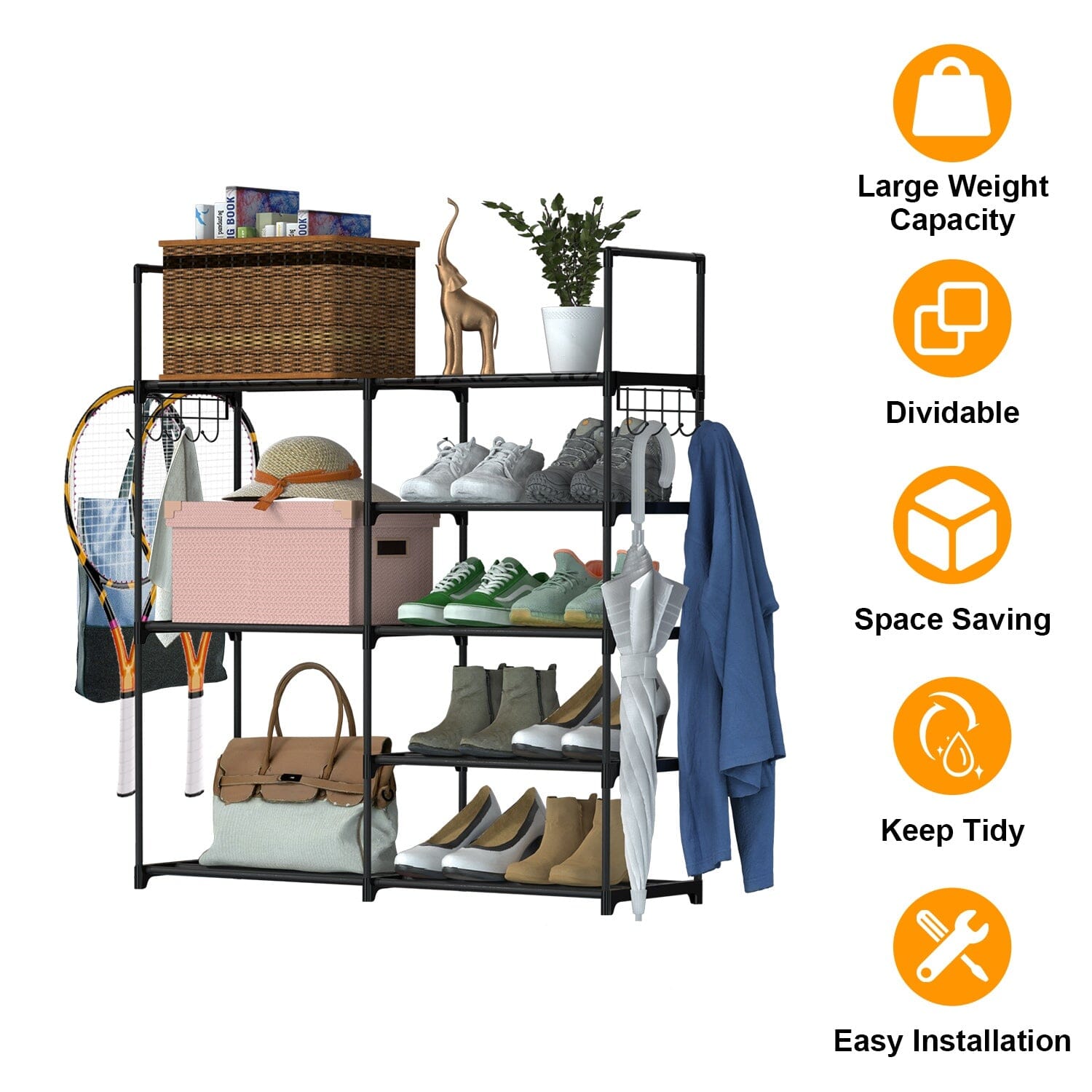 Metal Shoe Storage Shelf Free Standing Shoe Stand with 2 Row Hooks For Nice Cheap Online