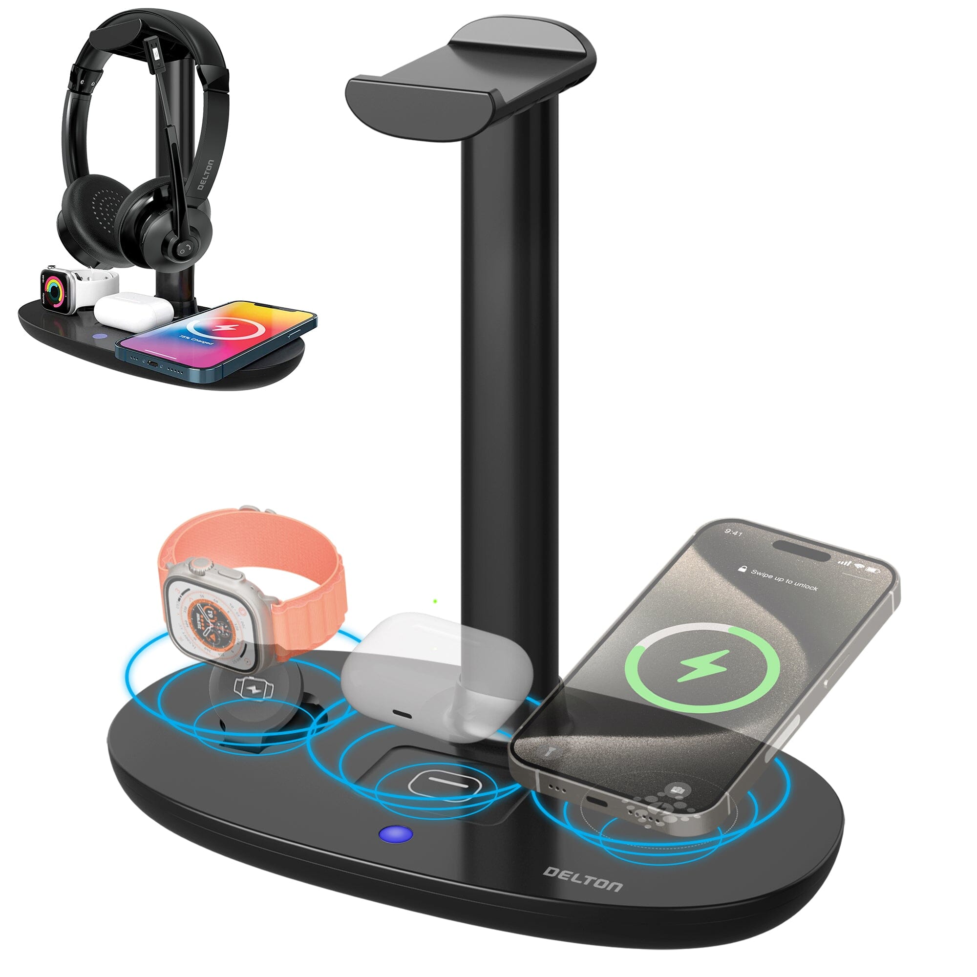 Delton HS1 3-in-1 Wireless Charging Station with Headphone Stand, Fast Charging Desk Charging Station, 15W Wireless Charger Stand for iPhones, iWatches, AirPods & Qi-enabled Devices - Black Best Deals