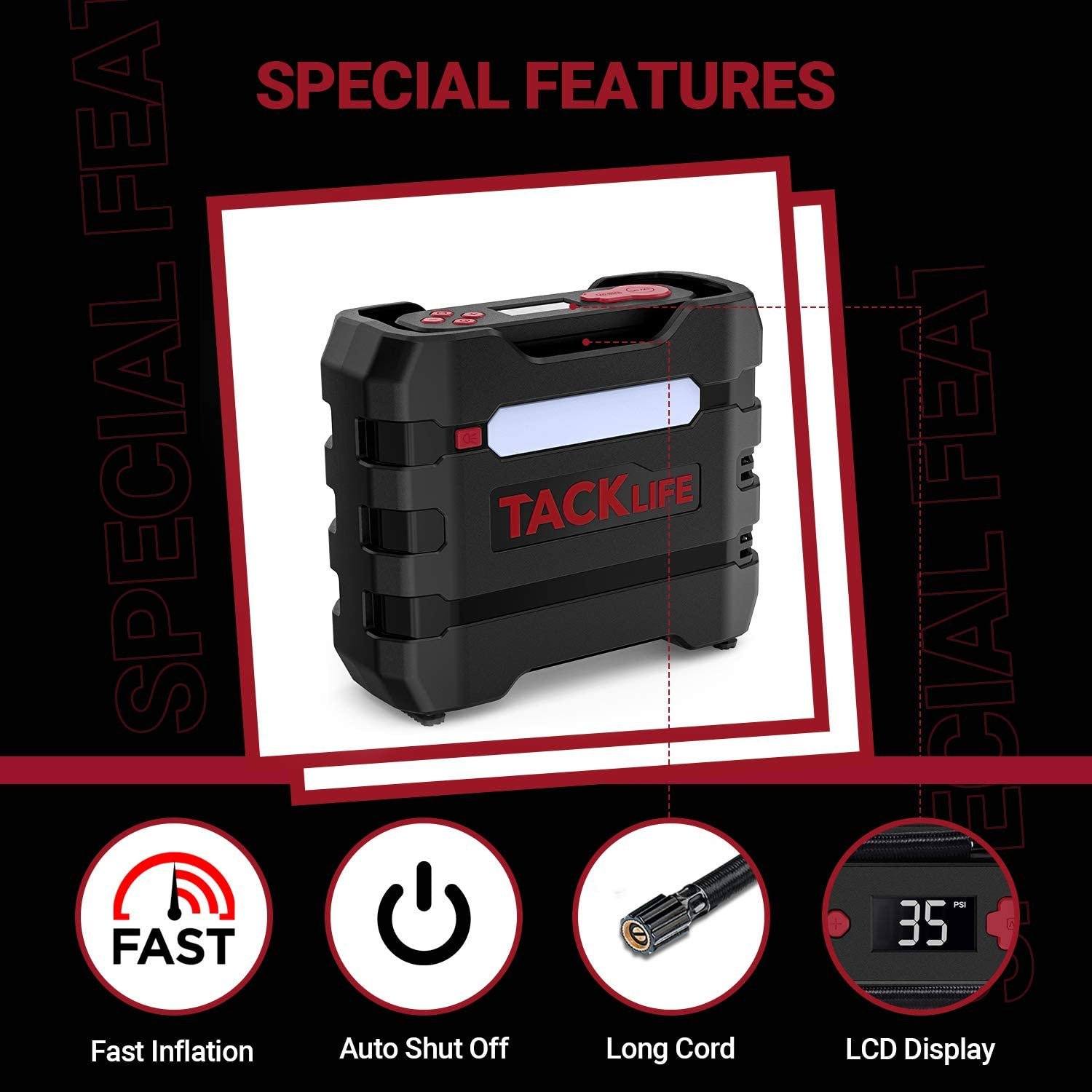 TACKLIFE Car Tire Inflator 12V DC Portable Air Compressor with 3 LED Lights New Styles For Sale