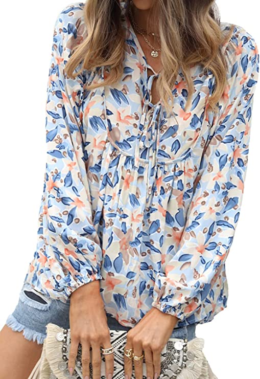 Women's Casual Boho Floral Print V Neck Long Sleeve Top Online Cheap Online