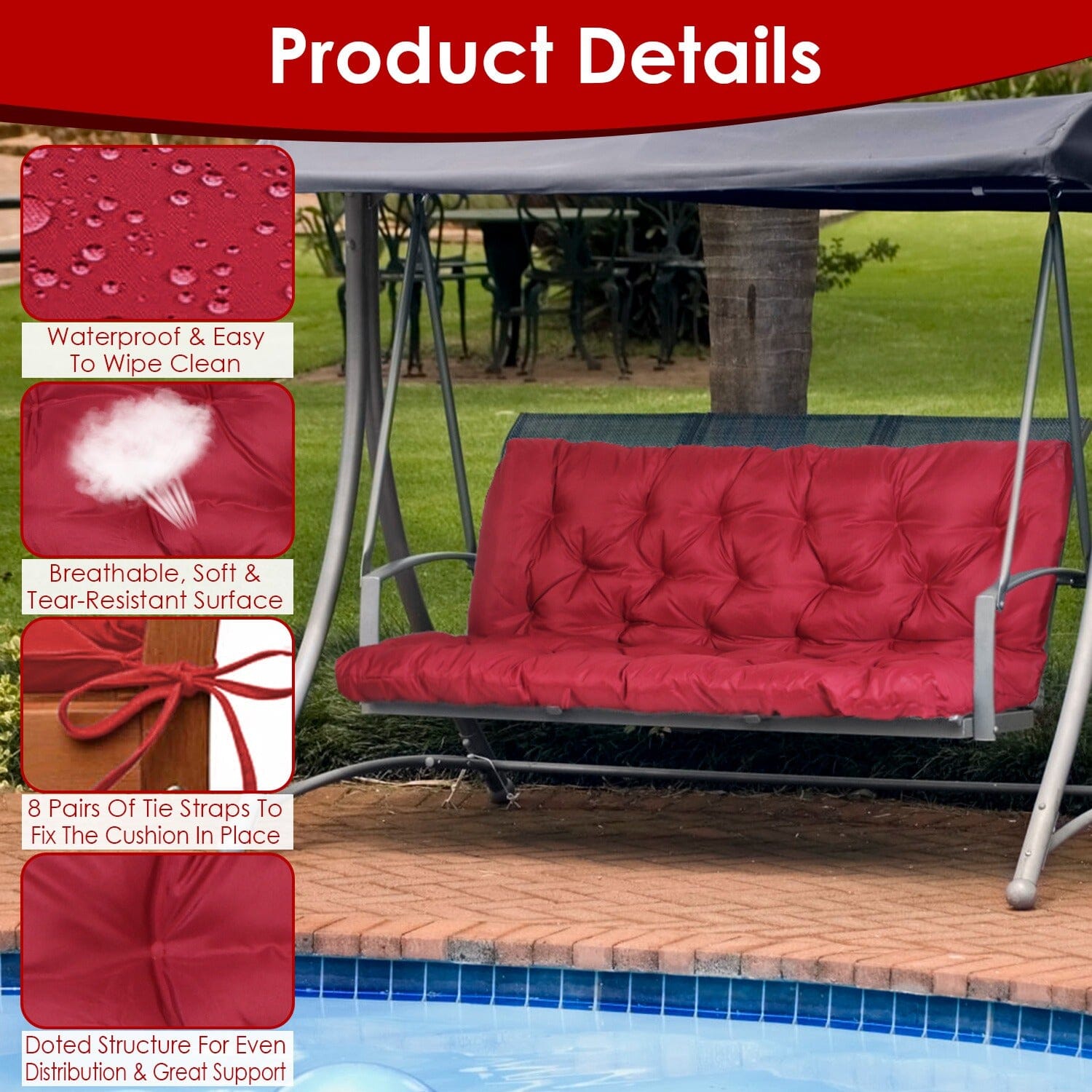 2-3 Seater Swing Cushion Replacement Swing Beach Pads with Backrest 8-Tie Straps Excellent Online