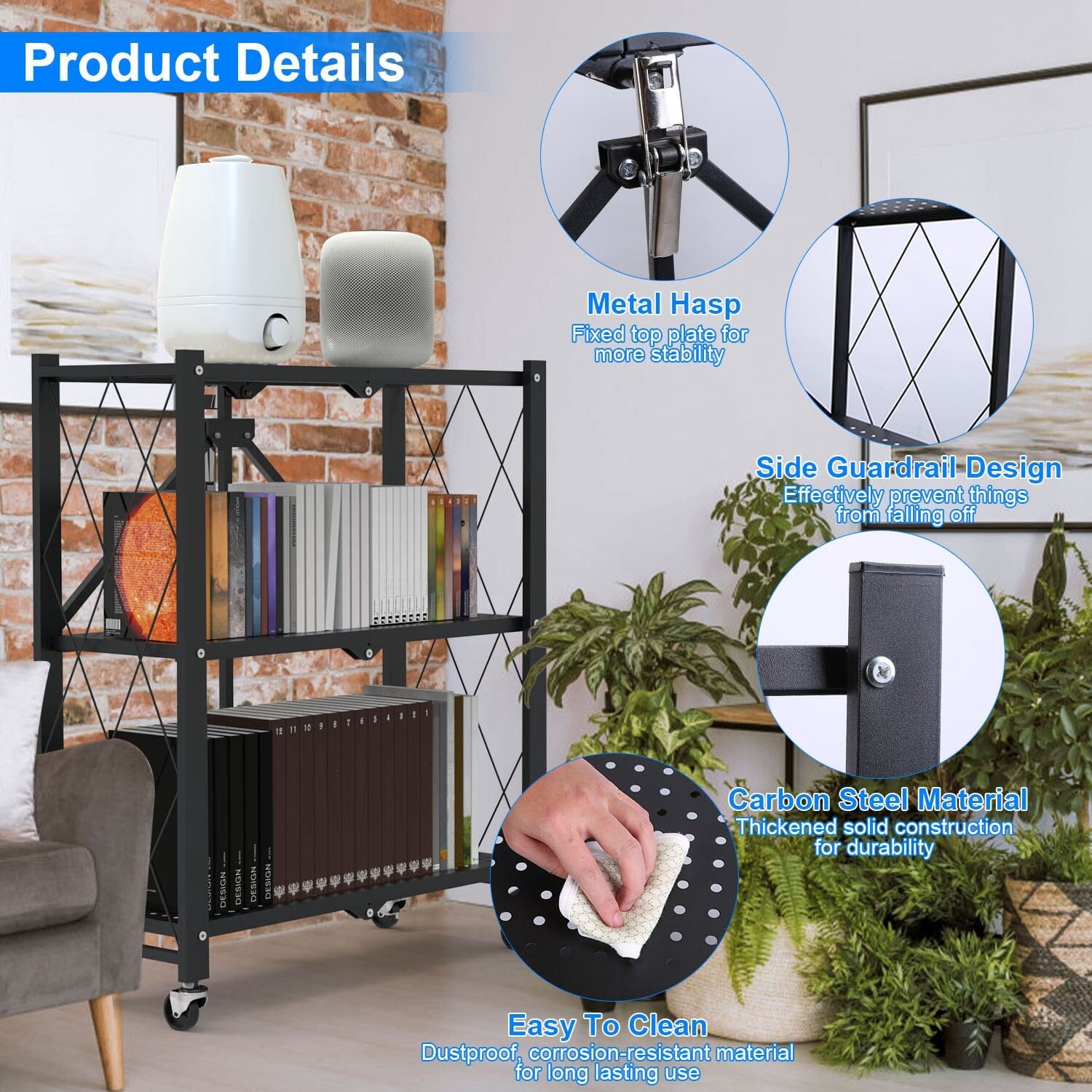 3-Tier Foldable Storage Shelf with Lockable Wheels No Assembly Discount Exclusive