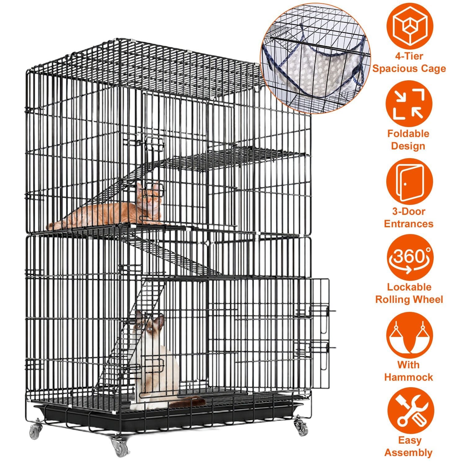 4-Tier Cat Cage with 360° Lockable Wheels, 3 Doors, 3 Ladders and 1 Hammock Fashionable Cheap Online