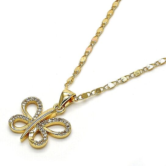 Gold Filled Fancy Necklace Butterfly Design with White Micro Pave Polished Finish Golden Tone Clearance Newest