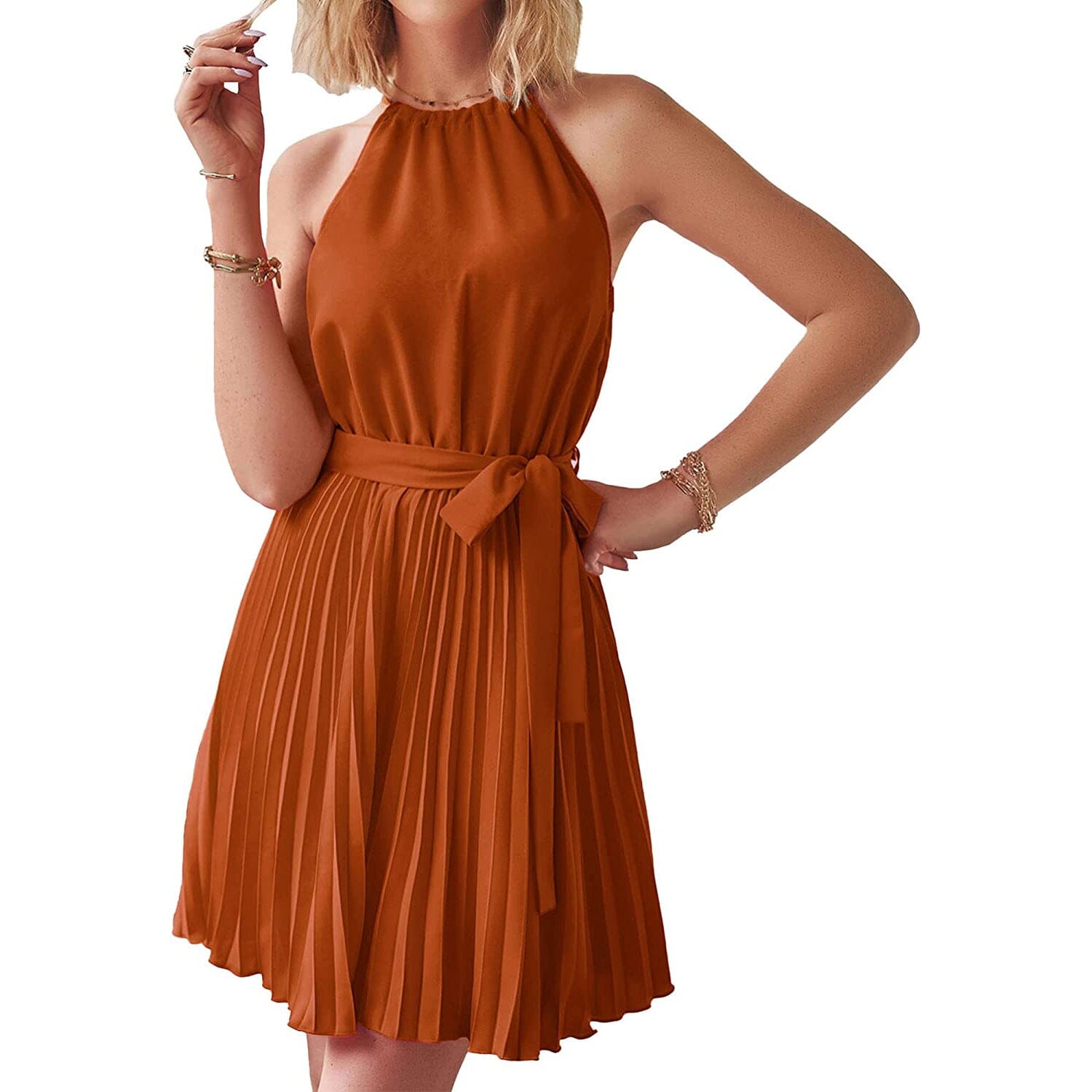 Casual Halter Neck A-Line Dress Sleeveless Belted Swing Pleated Cocktail Party Beach Mini Dresses Affordable Sale Online