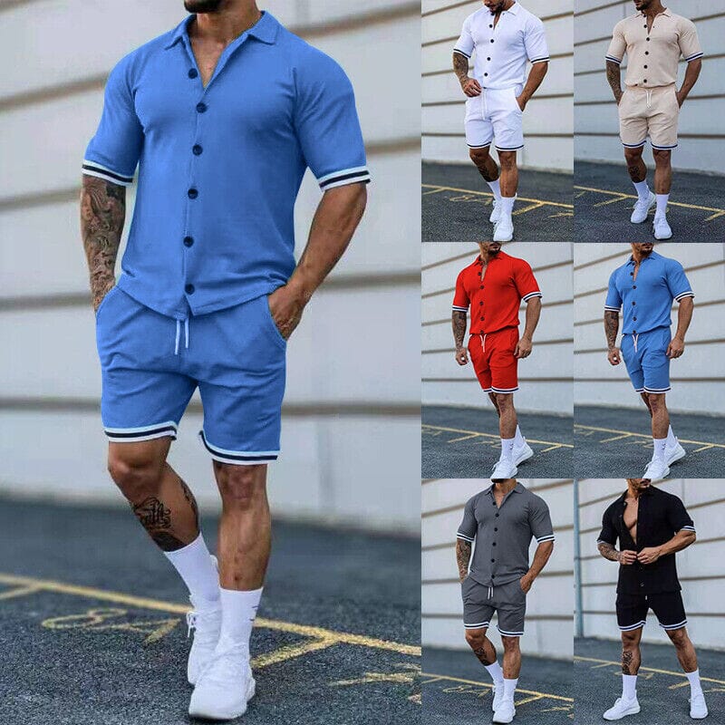 2-Piece Set: Men's Short Sleeve Plain Stripes Lapel Many Kinds Of Cheap Online