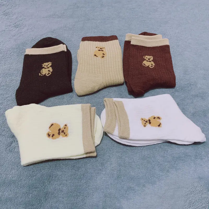 5-Pairs: Bear Embroidery Low Cut Ankle Socks Clearance 2025 Unisex