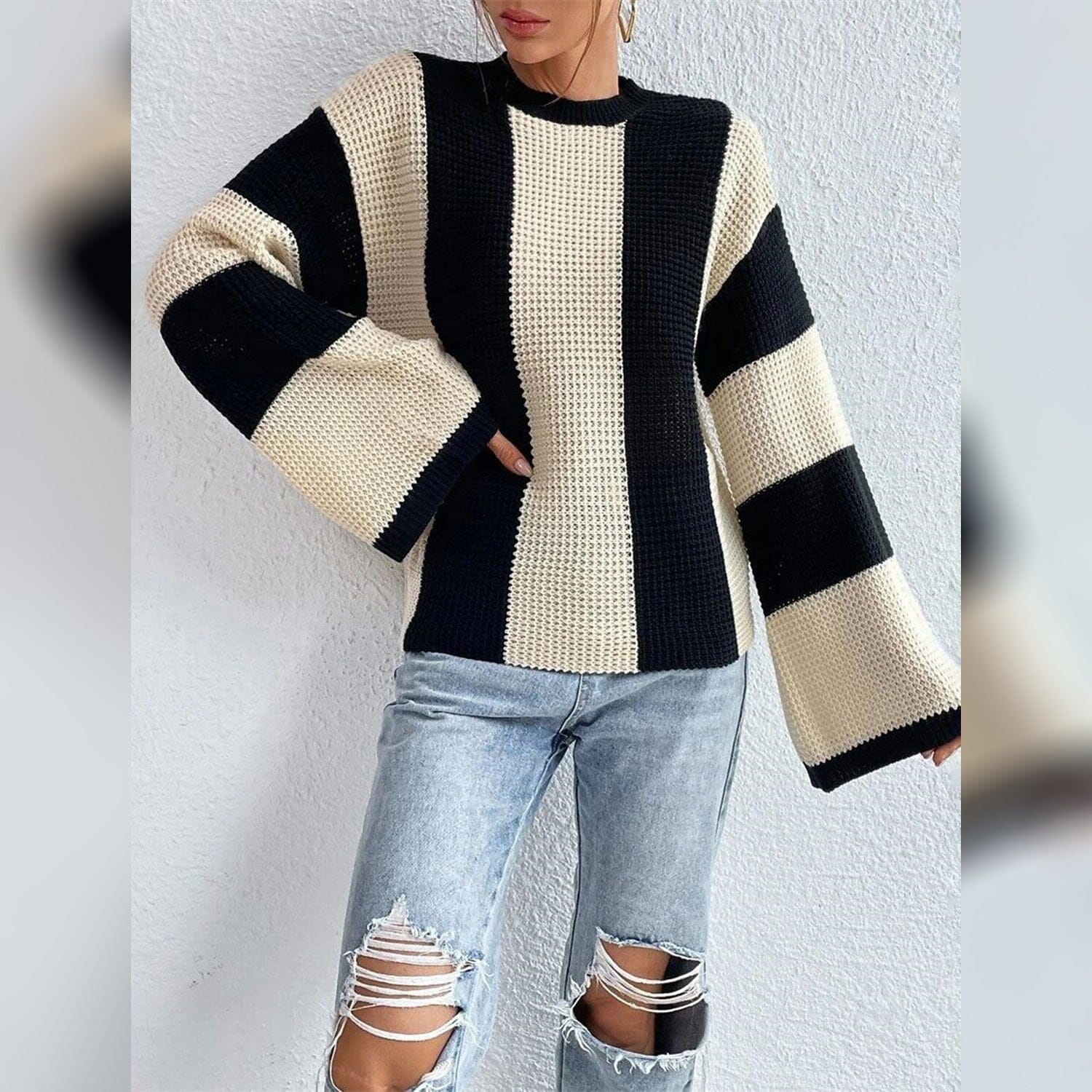 Women's Pullover Ribbed Knit Patchwork Striped Sweater Sale Low Cost