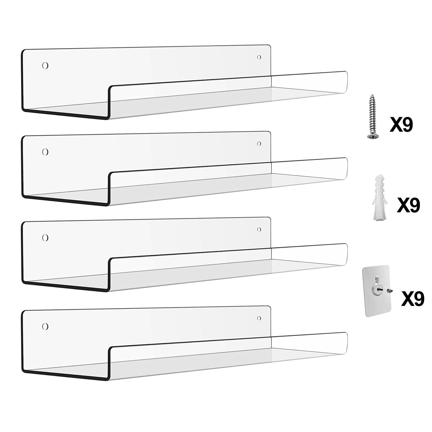 4-Pack: 15 inches Clear Acrylic Floating Shelves with 2 Mounting Ways With Paypal For Sale