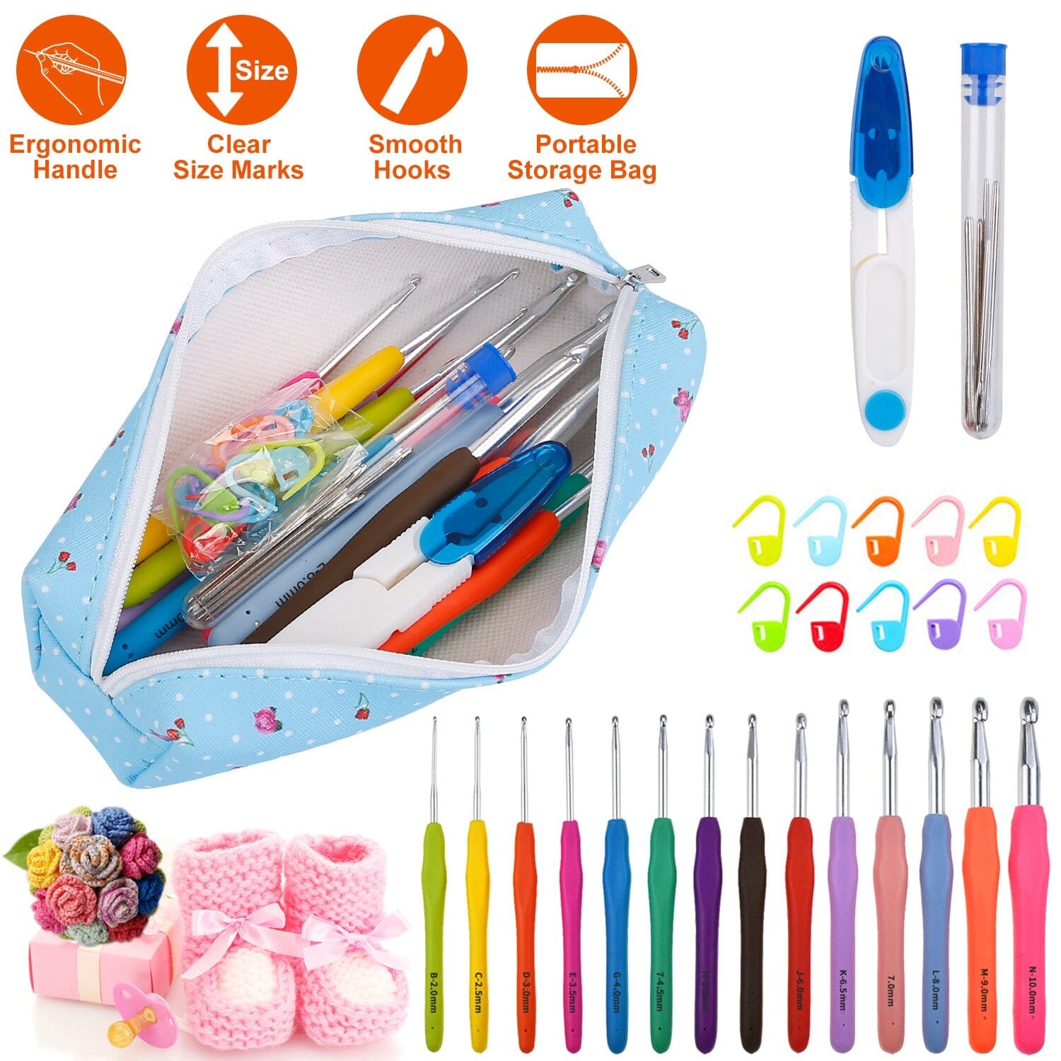 34-Piece Set: Aluminum Handle Crochet Hook Needles Knitting Tool Classic