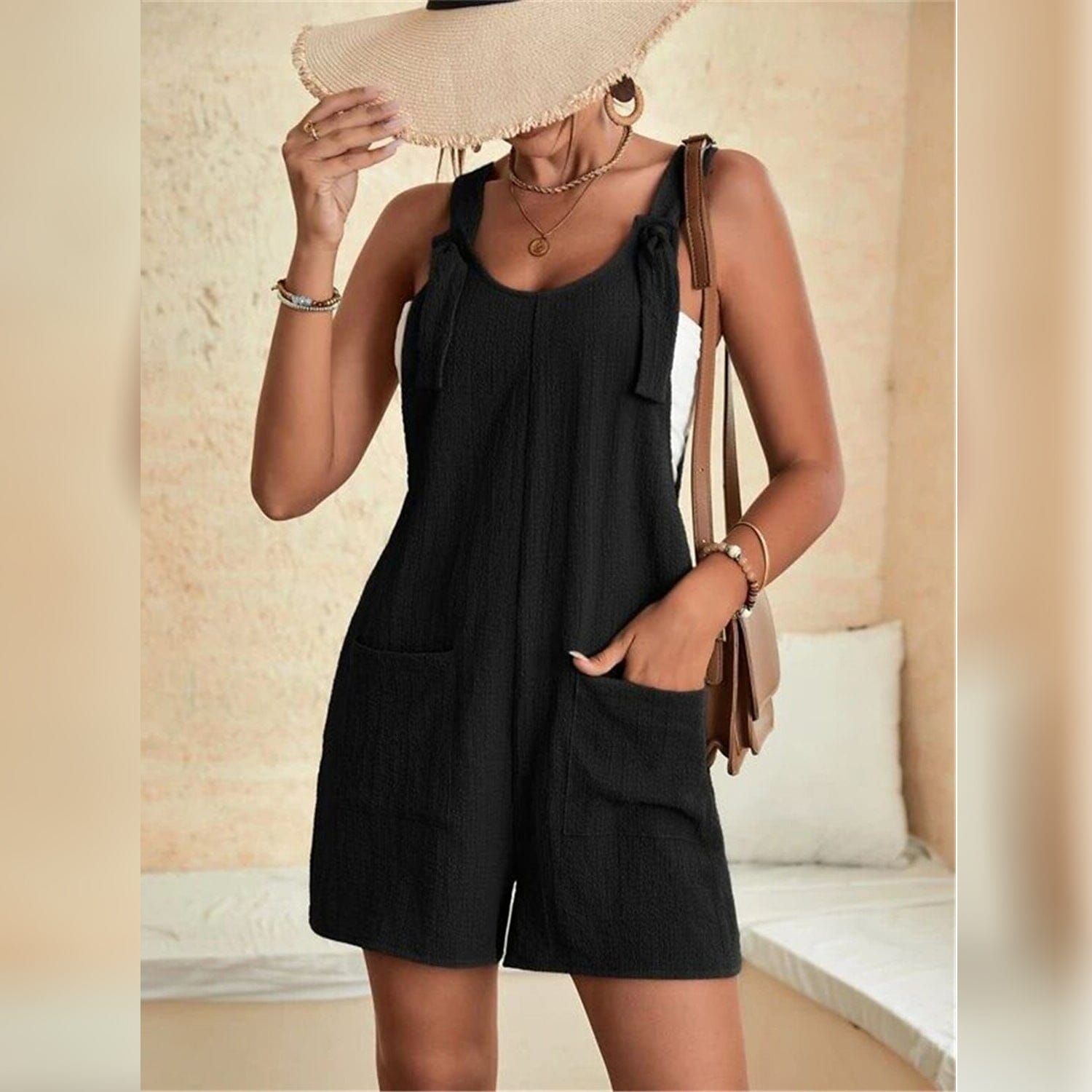Women's U-Neck Strap Pocket Jumpsuit Solid Color Buy Cheap With Mastercard