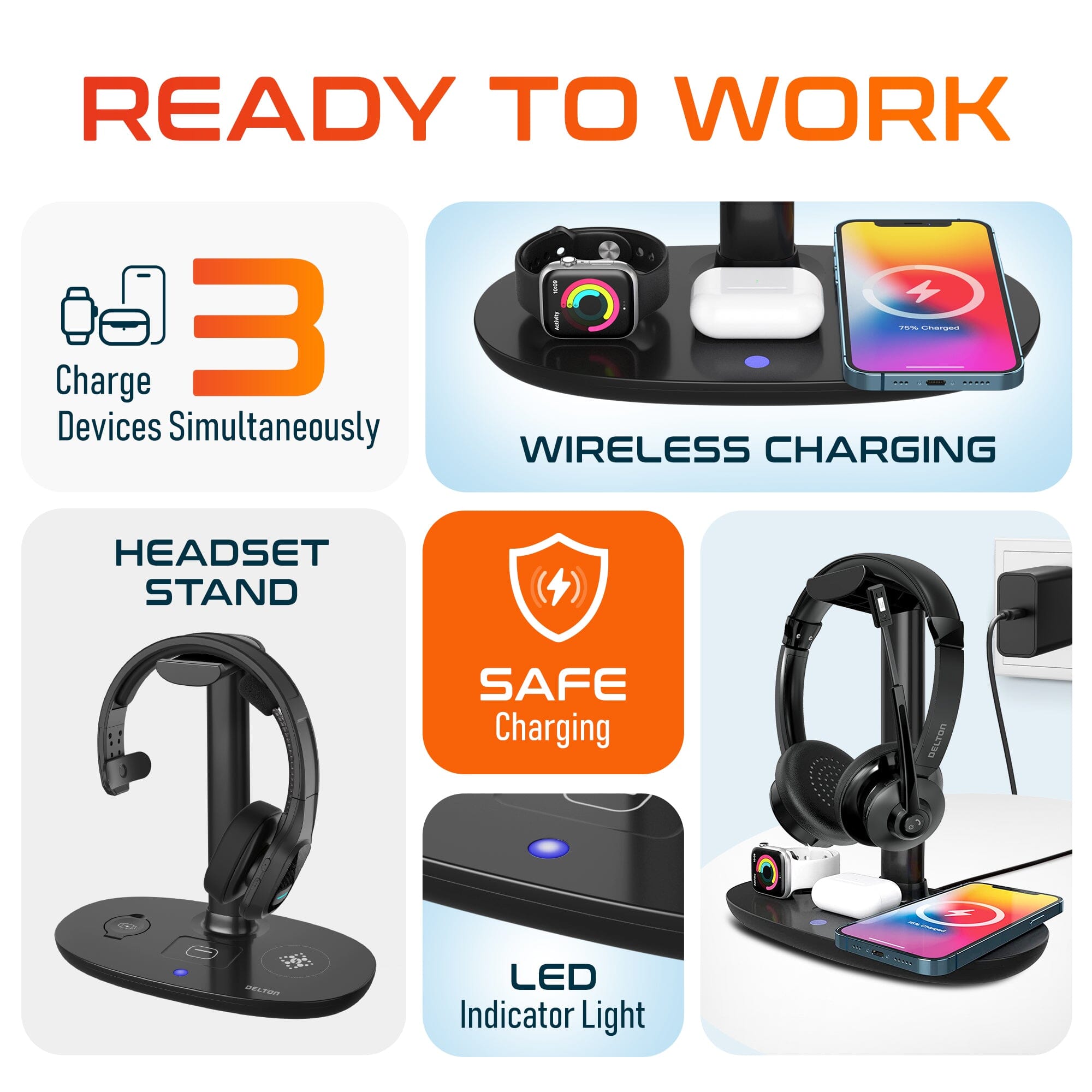 Delton 30X Bluetooth Headset and 3-in-1 Wireless Charging Station with Headset Holder Outlet Explore