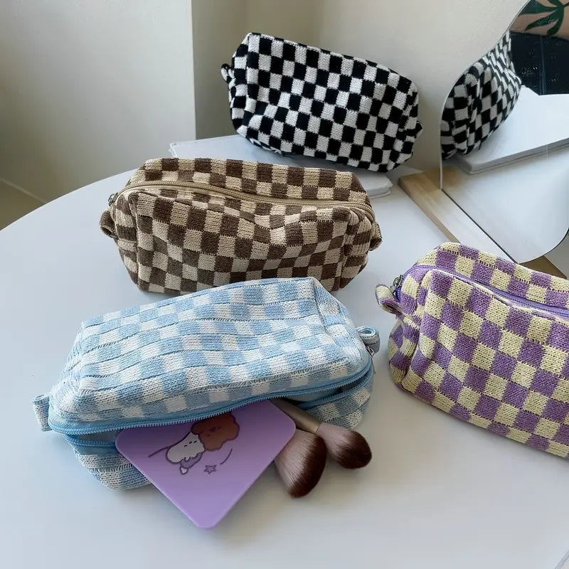 Checkered Pattern Zipper Makeup Bag Release Dates Sale Online