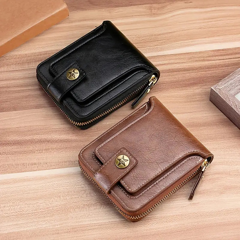 Men's PU Leather Solid Color Business Wallet, Card Holder With Zipper & Button Quality Free Shipping