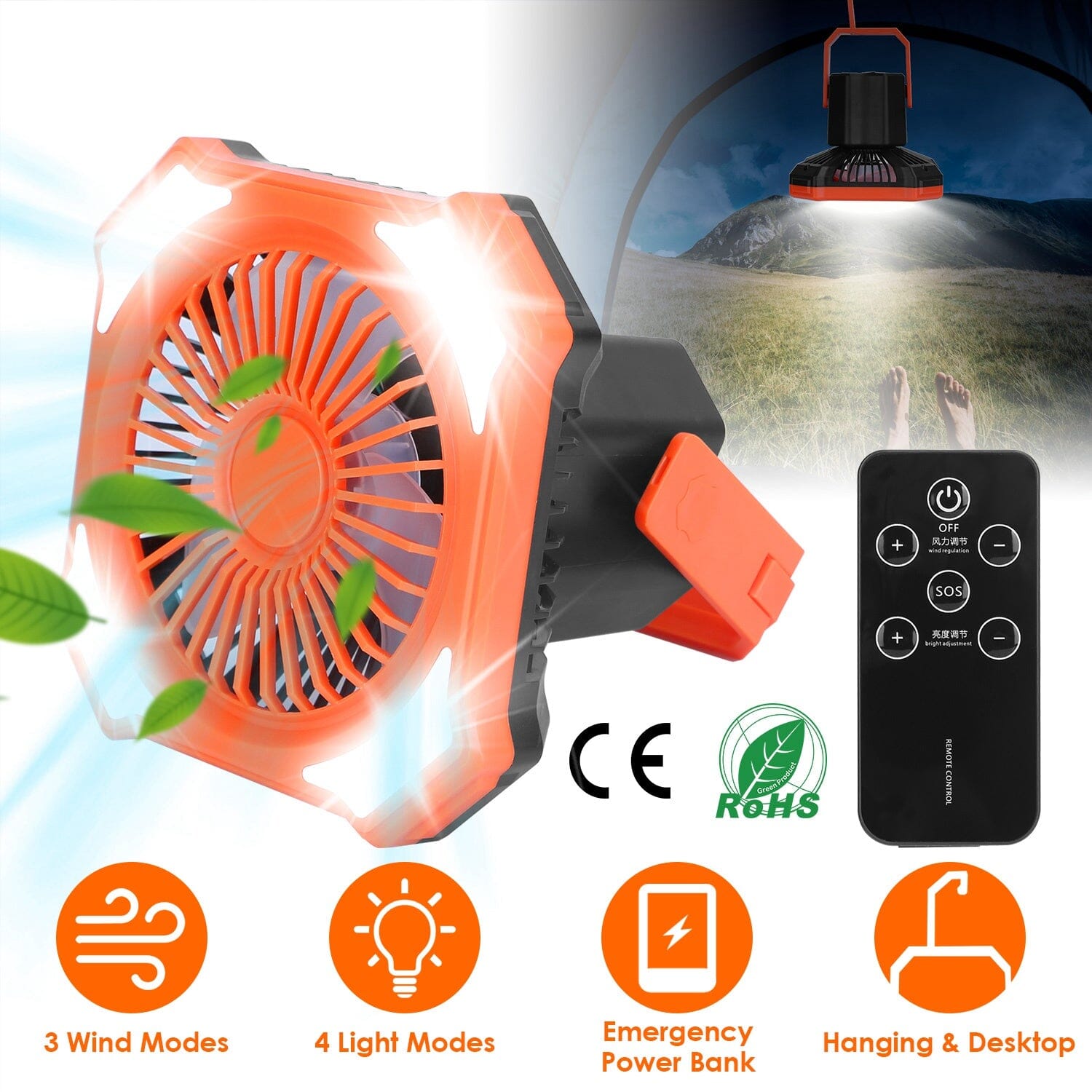 Portable Camping Lantern Fan 10000mAh Battery Powered with 4 Light Modes Supply