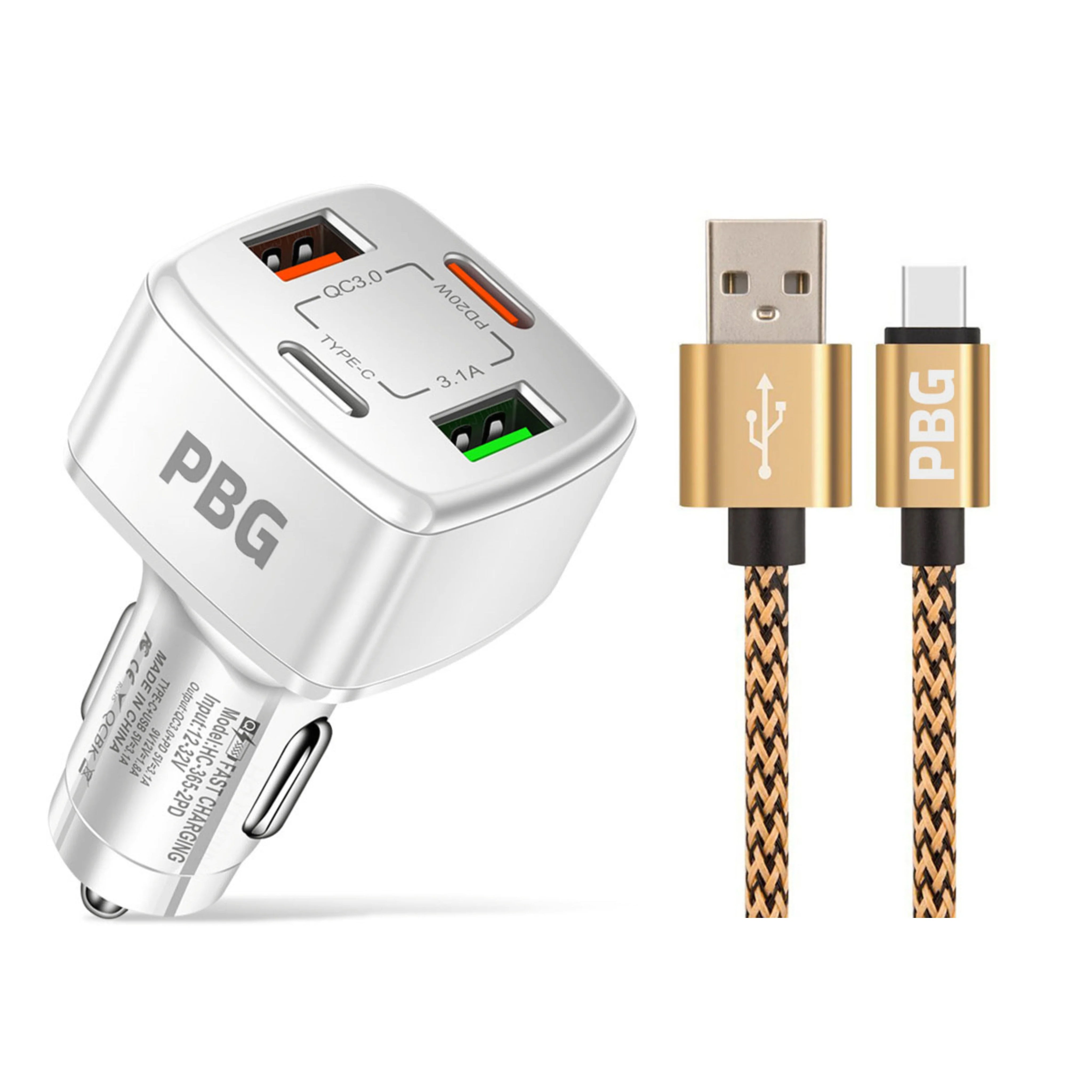 PBG 4 Port PD/USB Car Charger and 10Ft. Zebra Style Lightning Cable Bundle Sale View