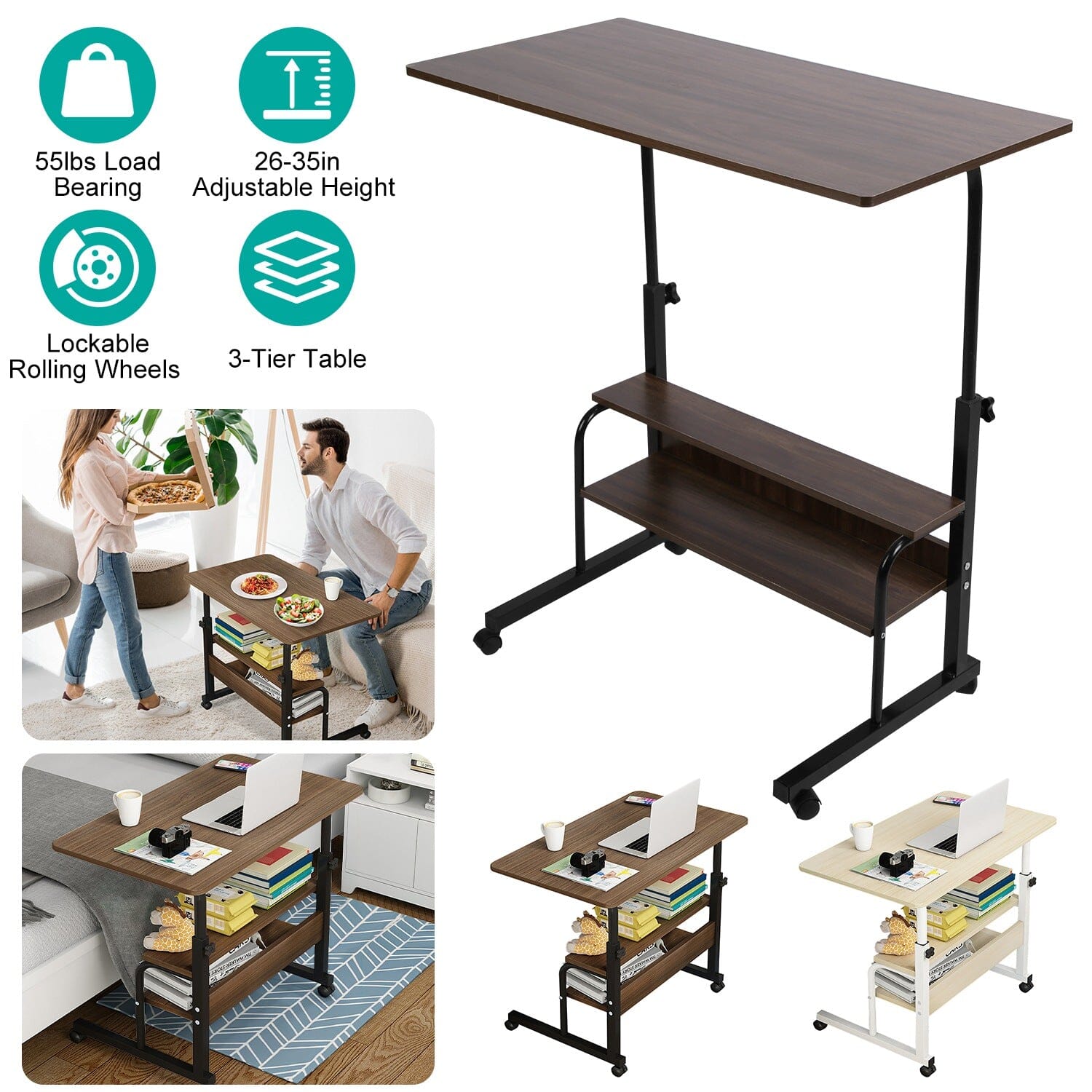 3-Tier Height Adjustable Laptop Desk with Rolling Wheels Cheapest