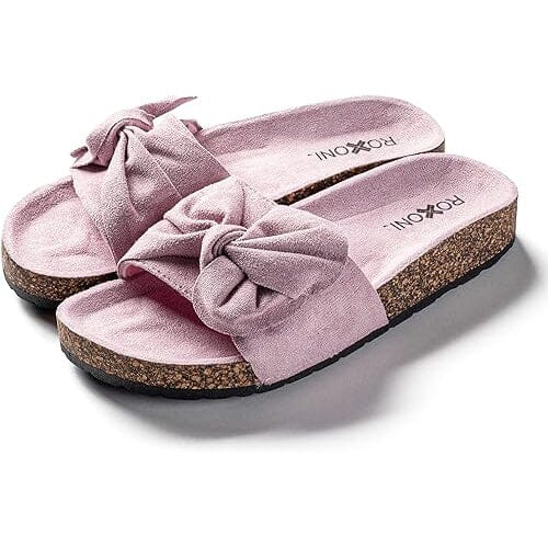 Roxoni Women Comfort Sandals Ribbon Bow Top EVA Flat Slides Footbed Suede with Arch Support Non-Slip Cheap Discount Sale