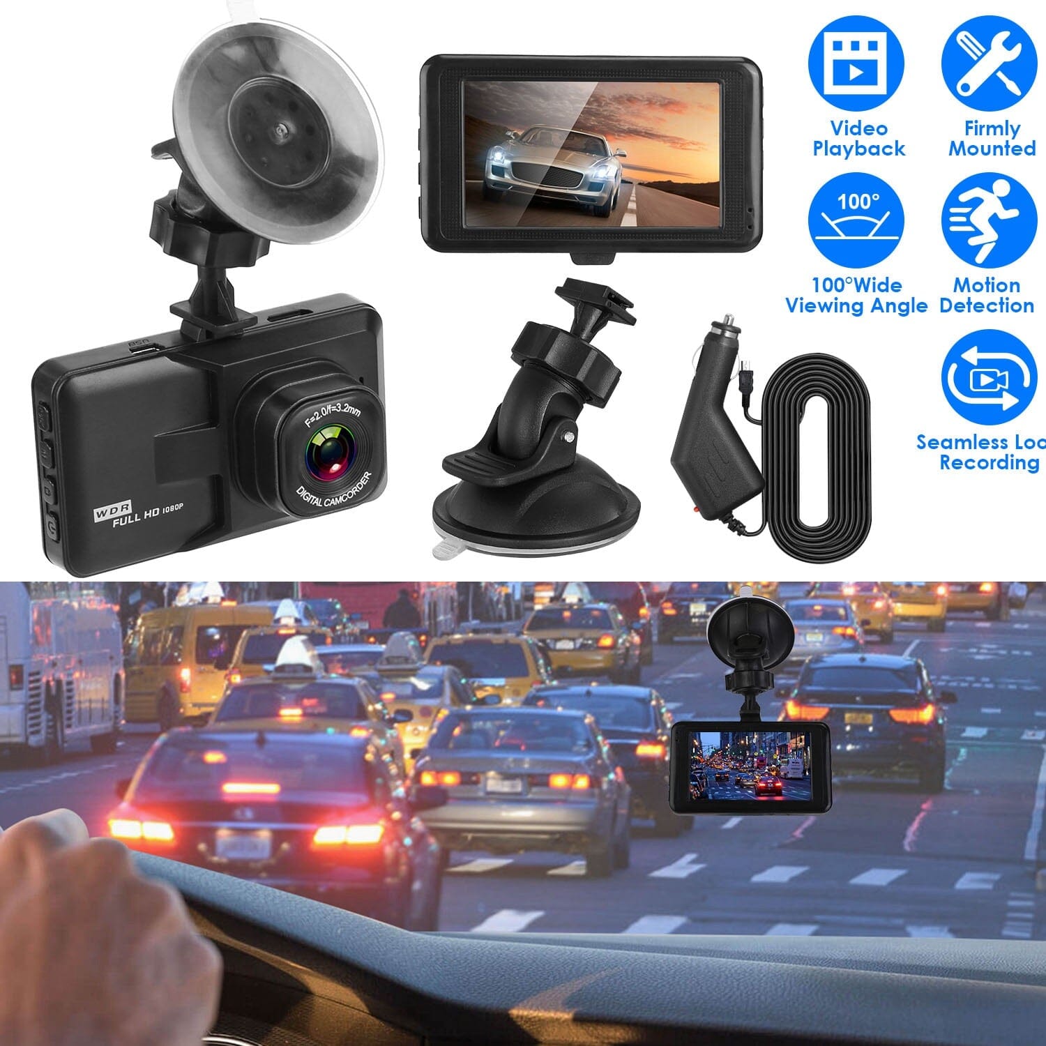 1080P Car DVR 3 Camera Dash Cam with 100° Angle Loop Recording Motion Detection Free Shipping Fashionable