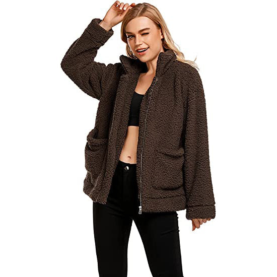 Women's Casual Lapel Fleece Fuzzy Faux Shearling Zipper Coat Outlet Brand New Unisex