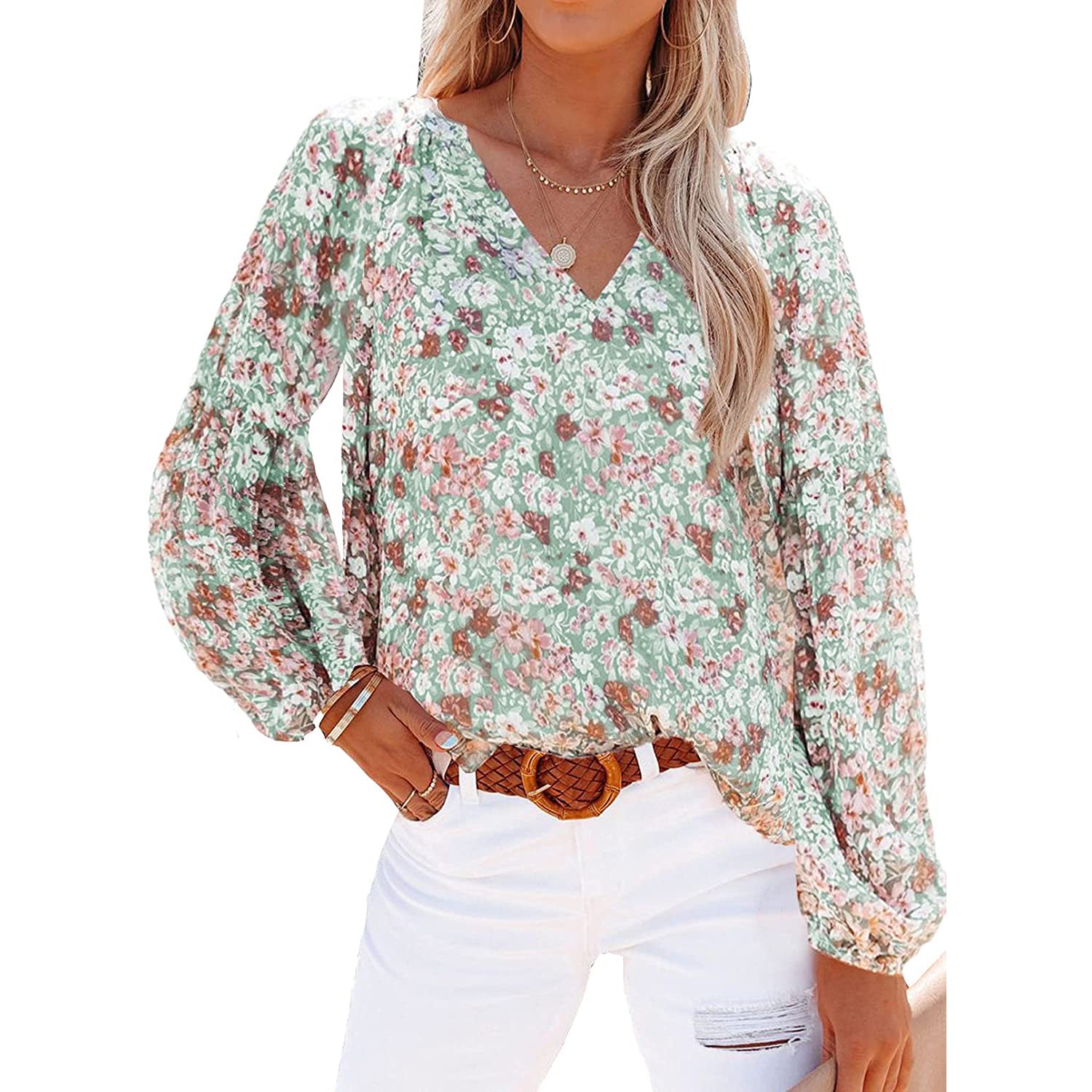 Womens Casual Boho Floral Print V Neck Long Sleeve Loose Blouse Clearance In China