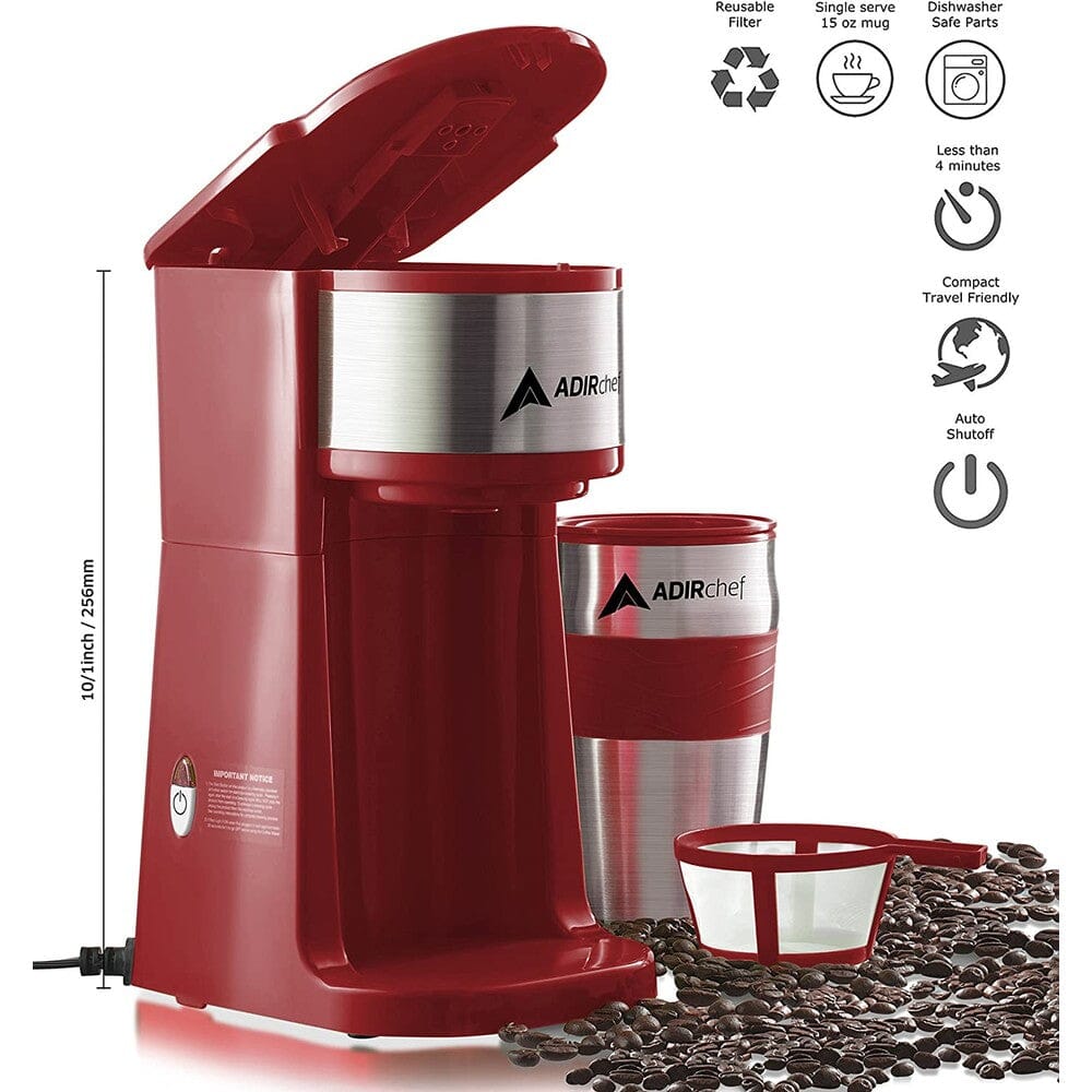 AdirChef Mini Travel Single Serve Coffee Maker & 15 oz. Travel Mug Coffee Tumbler & Reusable Filter Outlet Choice