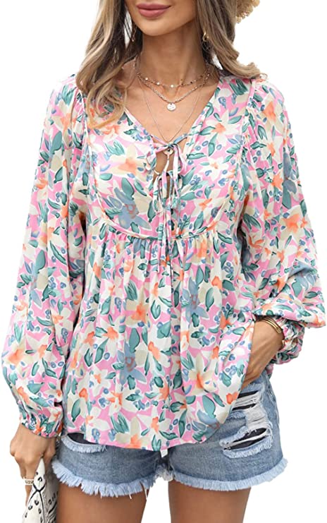 Women's Casual Boho Floral Print V Neck Long Sleeve Top Online Cheap Online