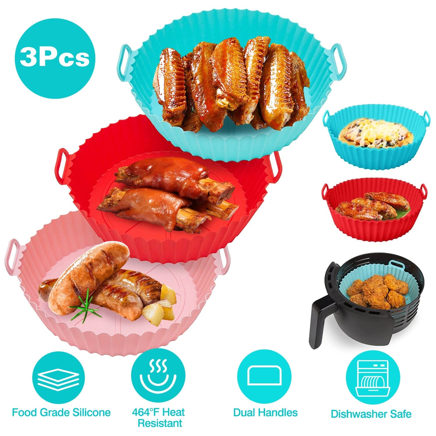 3-Pieces: Reusable Foldable Air Fryer Silicone Pot for 4+ Quart Air Fryer Oven Discount Latest