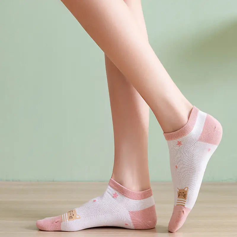 5-Pairs: Pink Kitty Crew Socks Free Shipping Browse