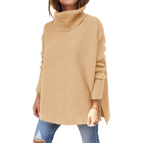 Women's Turtleneck Oversized Sweaters Long Batwing Sleeve Spilt Hem Tunic Free Shipping Low Cost