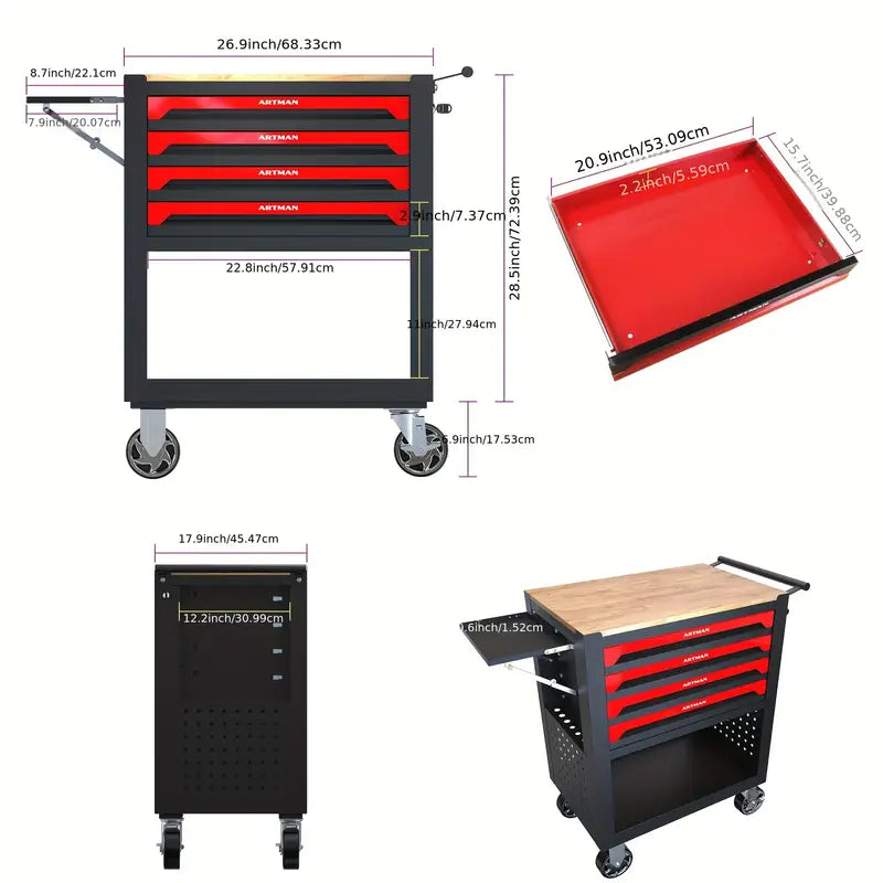 4 Drawers Multifunctional Tool Cart With Wheels And Wooden Top Cheap Real Eastbay
