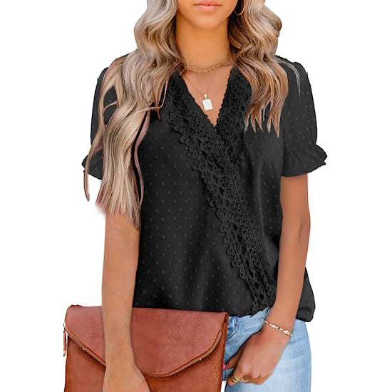 Women's Casual Lace Pom Pom V Neck Chiffon Short Sleeve Top Free Shipping Sale Online