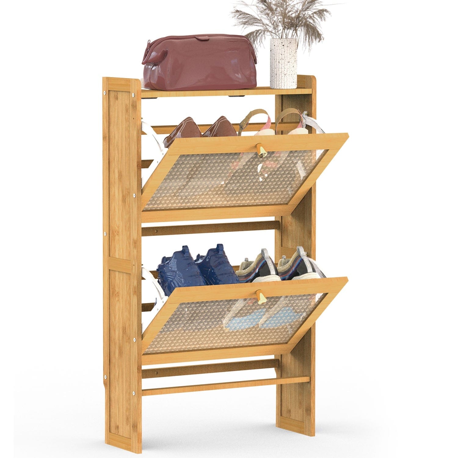 2-Tier Shoe Cabinet with 2 Flip Drawers Slim Bamboo Rack Narrow Shoe Organizer Largest Supplier For Sale