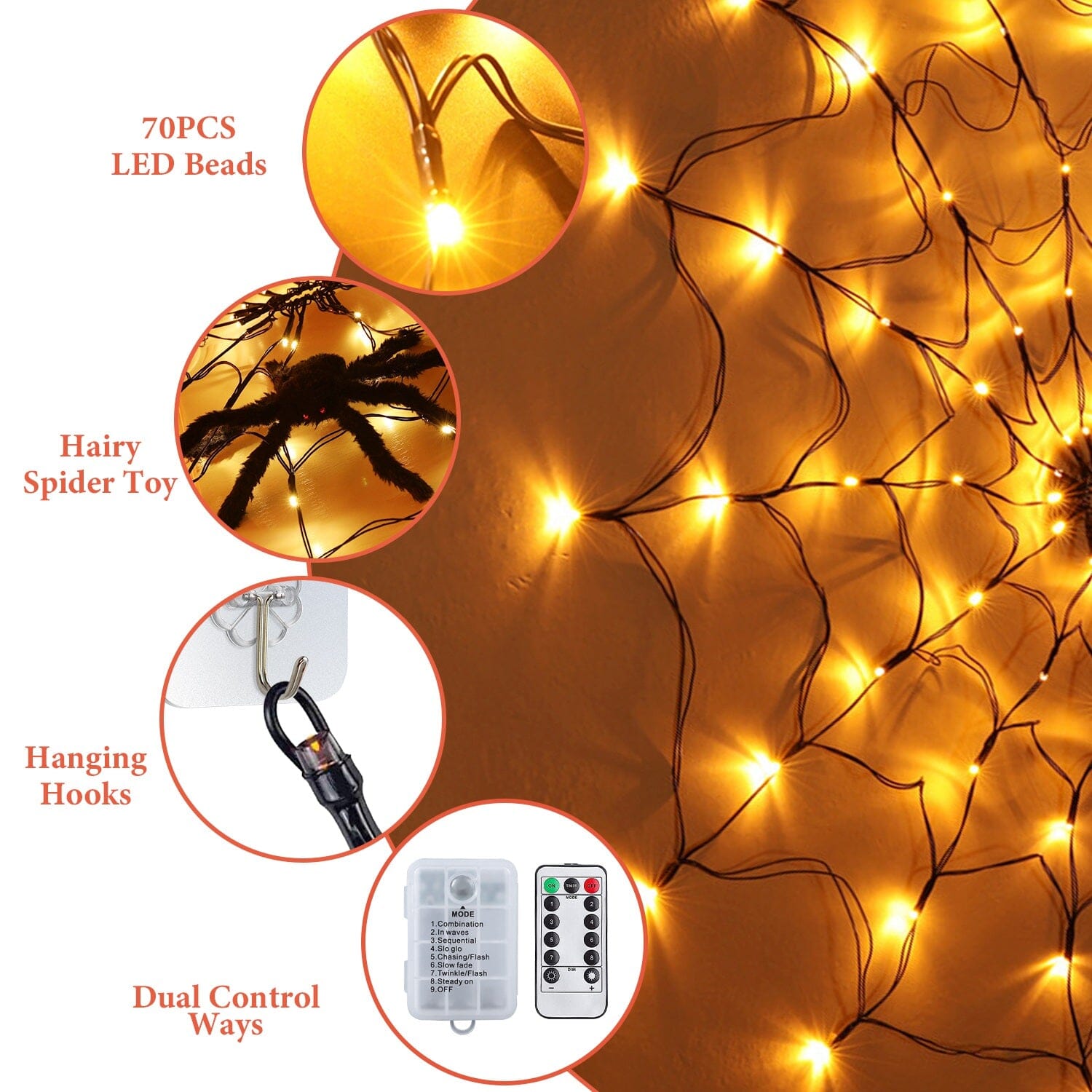 Spider Web Light with Hairy Spider 70LED Battery Powered Remote Control 8 Lighting Modes Free Shipping 2025