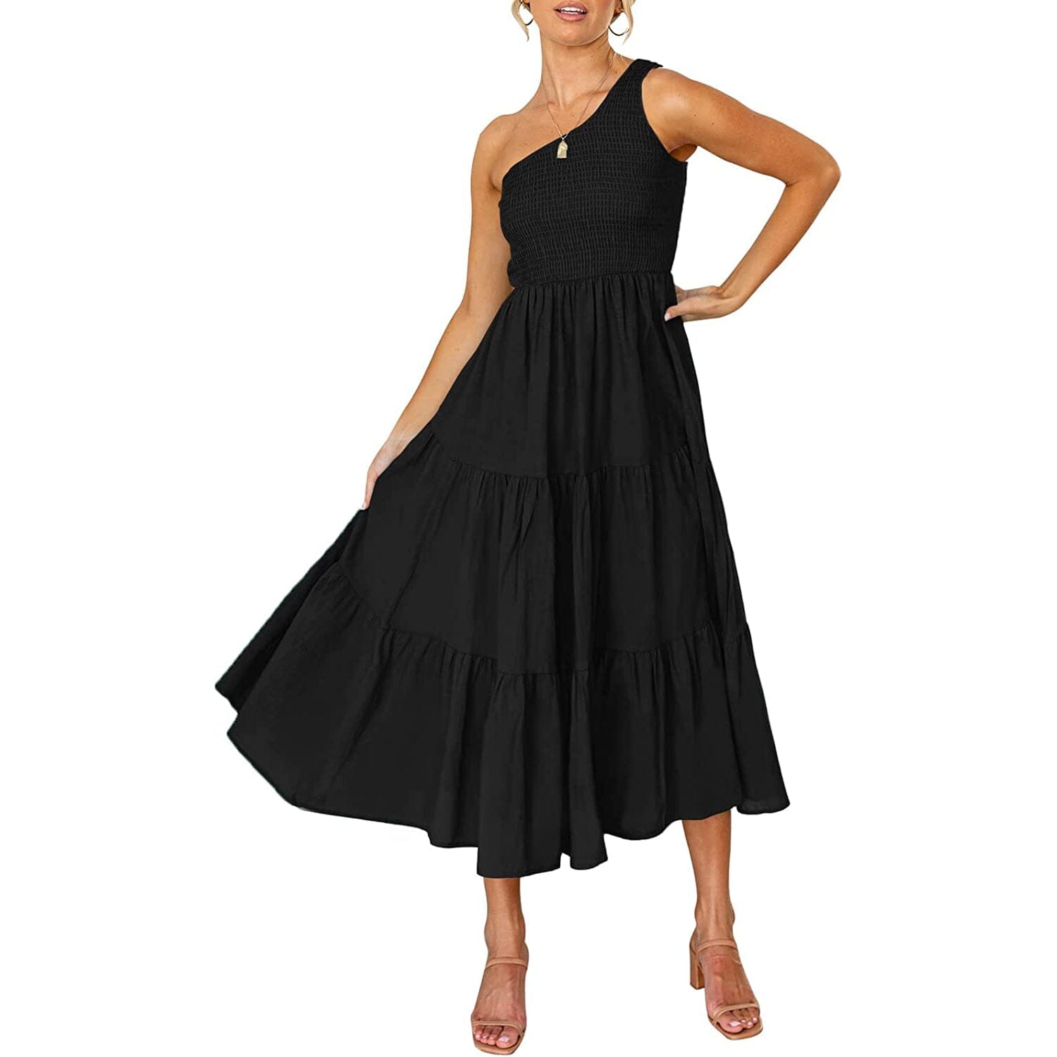 Womens One Shoulder Sleeveless Smocked Ruffle Tiered Beach Long Midi Dress Discount 2025 Unisex