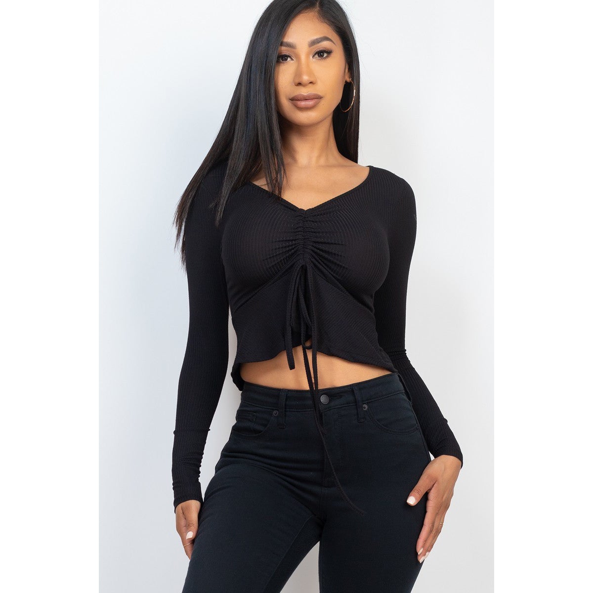 Ribbed Drawstring Front Long Sleeve Peplum Top For Sale Cheap Pice From China
