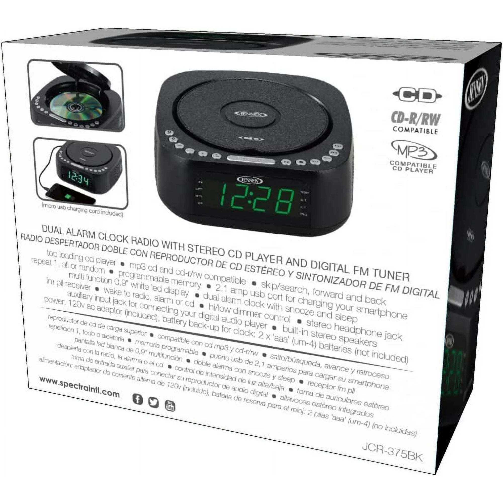 Jensen JCR-375 BLK Green LED CD/MP3 Clock Radio USB charge (Black) Cheap Best Seller