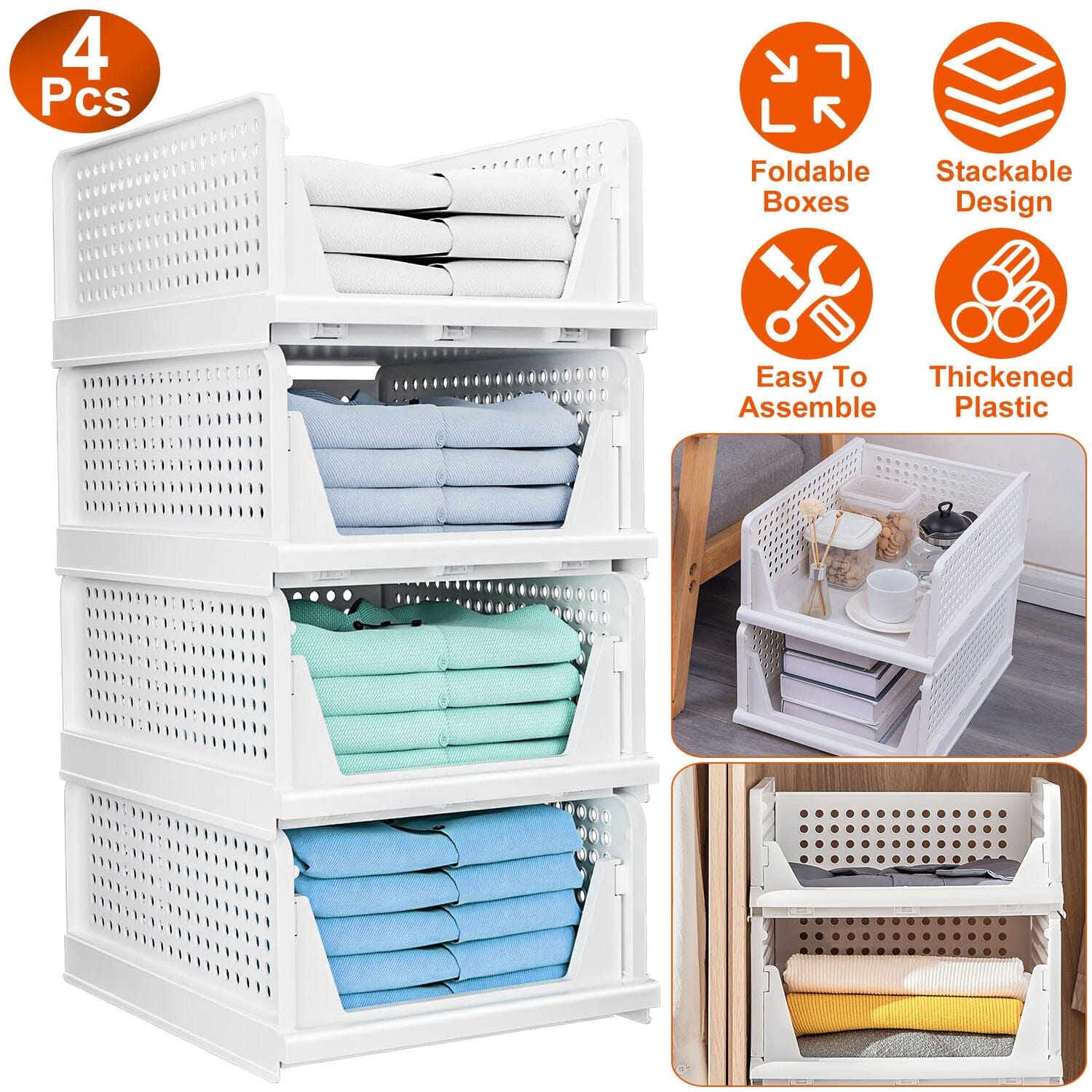 4-Packs: Plastic Storage Box Closet Organizer Foldable Storage with Slide Rail Push-Pull 2025 New