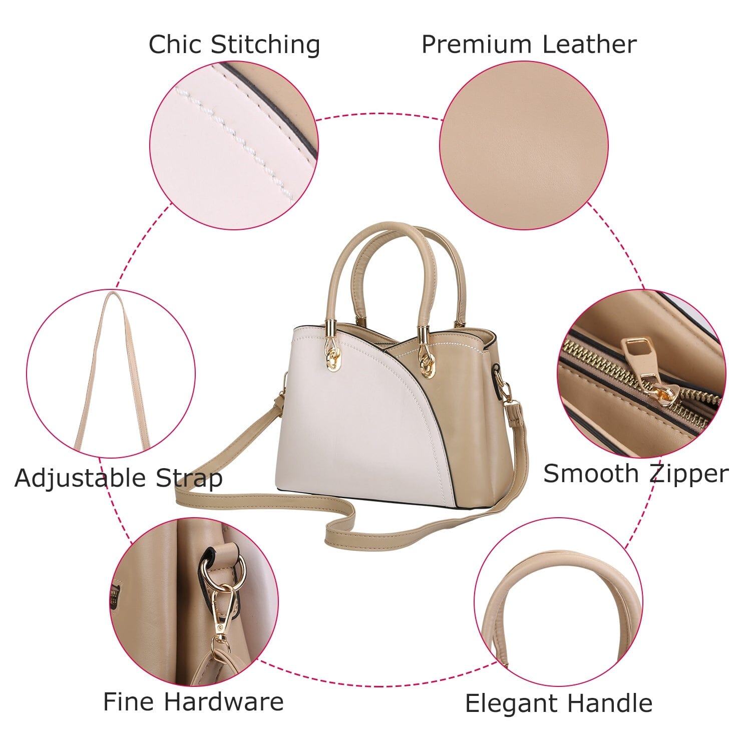 Women Medium Sized Leather Satchel Crossbody Bag with Stylish Stitching Detachable Strap Sale Visit