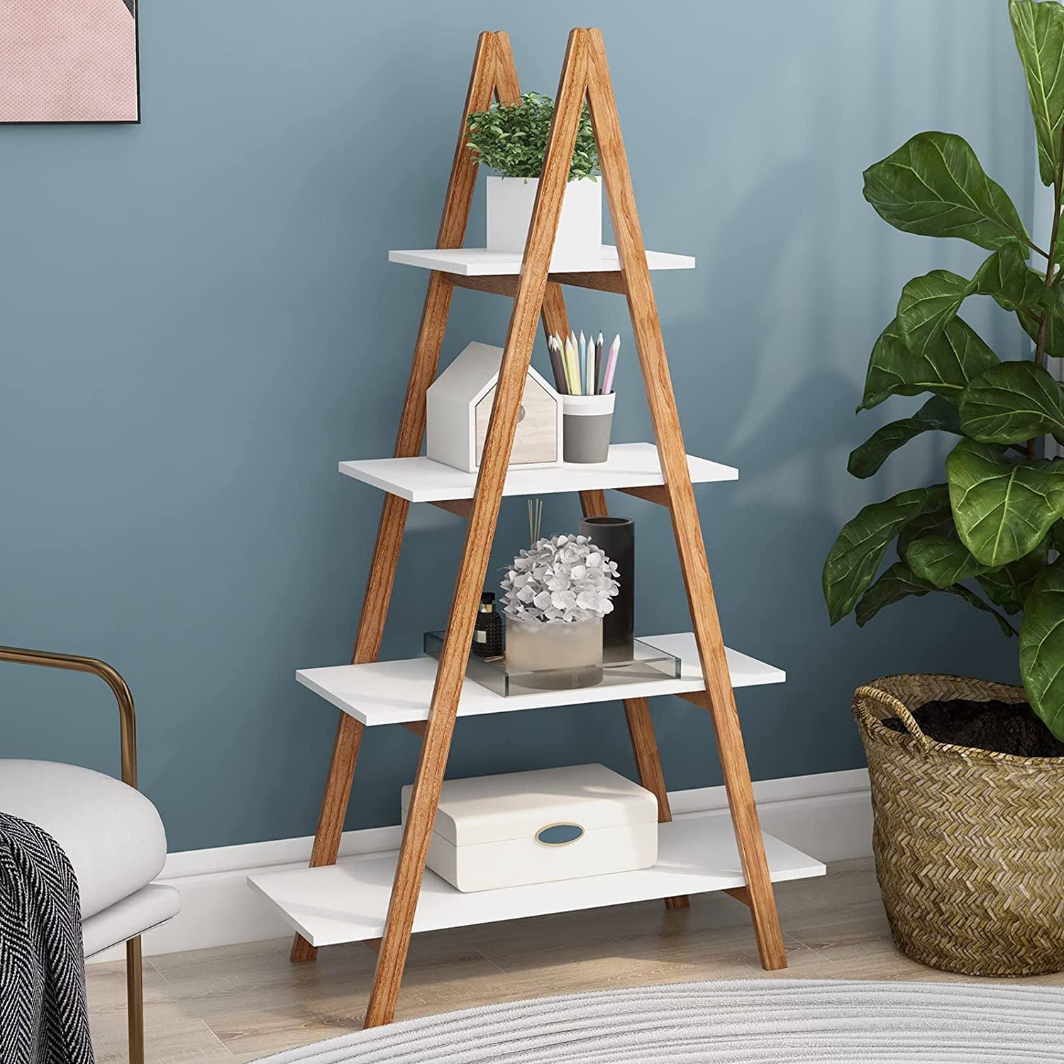 4-Tier Bookshelf Wooden Ladder Shelf Wooden Bookcase A- Shaped Buy Cheap Free Shipping