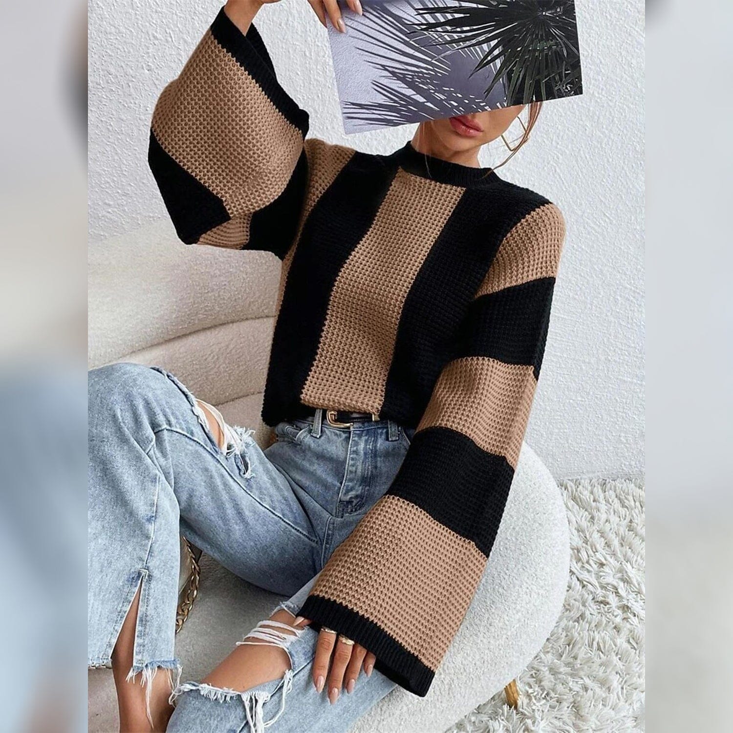 Women's Pullover Ribbed Knit Patchwork Striped Sweater Sale Low Cost