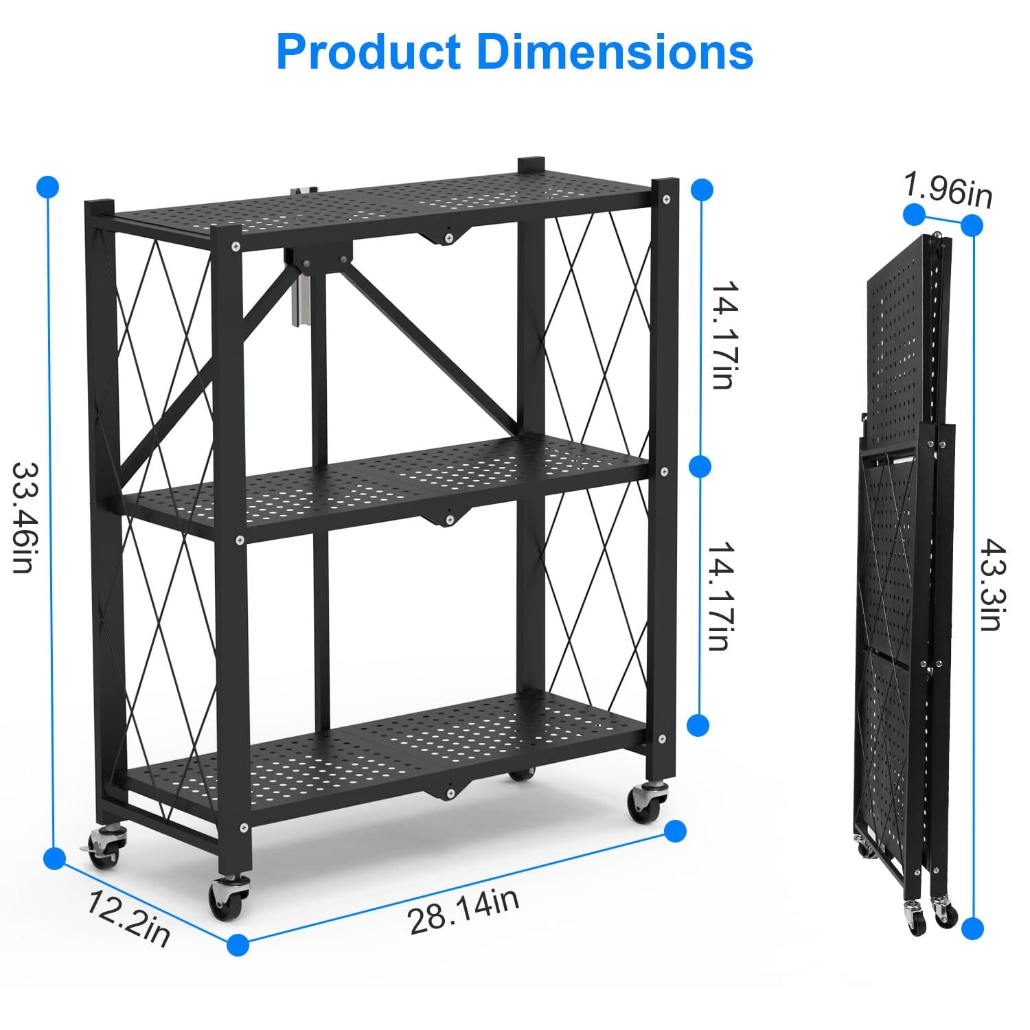 3-Tier Foldable Storage Shelf with Lockable Wheels No Assembly Discount Exclusive