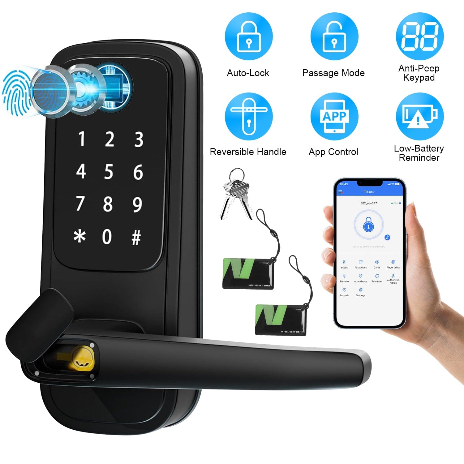 Smart Door Lock with Handle Fingerprints Passcode Keys Fobs App Control Discount Sale Online