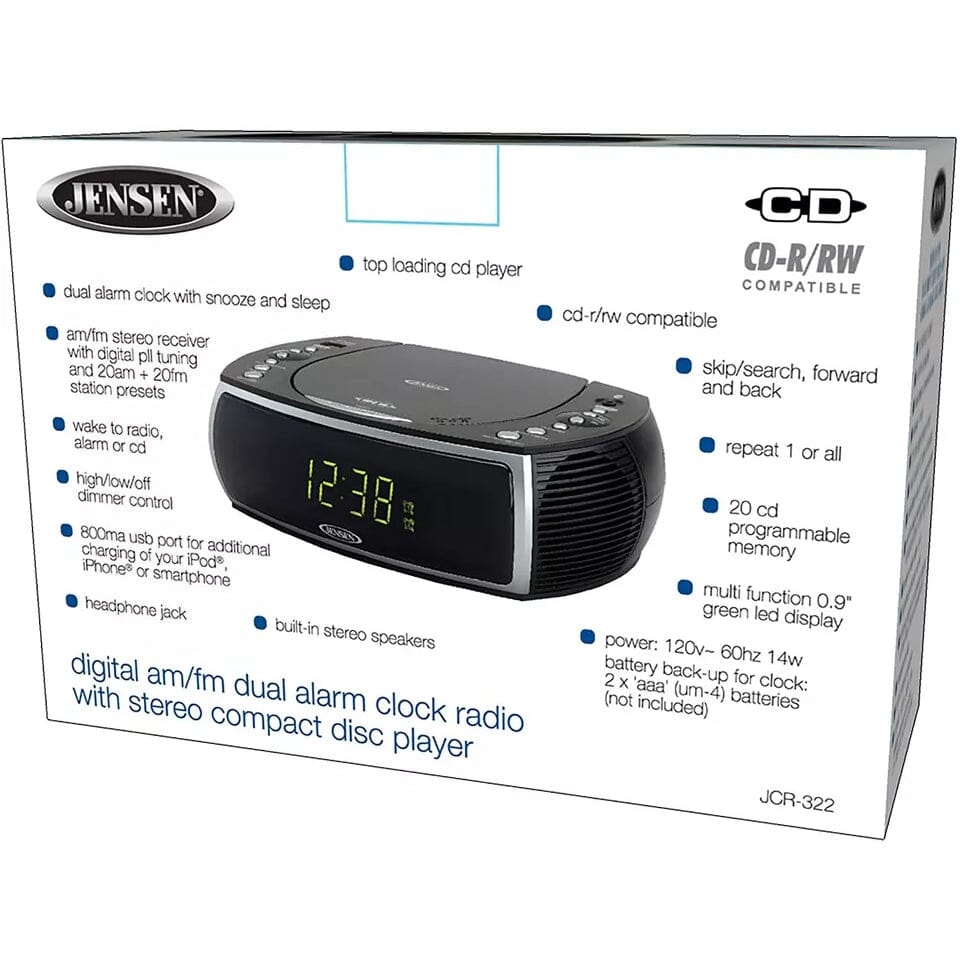 Jensen JCR-322 Modern Home CD Tabletop AM/FM Radio CD Player Dual Alarm Clock (Refurbished) Free Shipping Best Seller