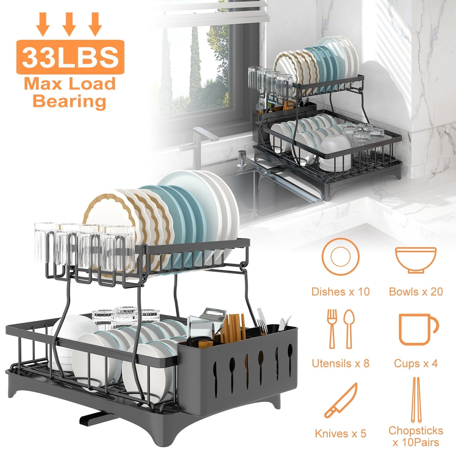 2-Tier Dish Rack Drainer Organizer Set with Utensil Cup Holder Rack Swivel Spout Outlet Discount Sale