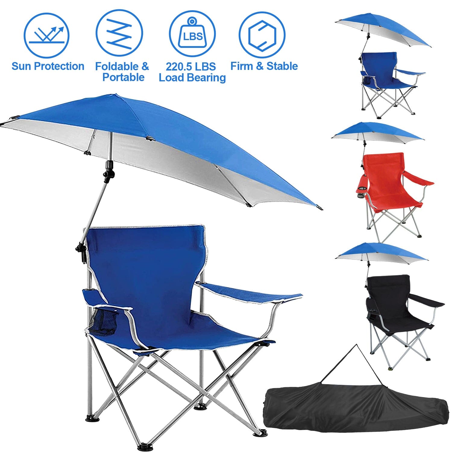 Foldable Beach Chair with Detachable Armrest Adjustable Canopy Stool with Cup Holder Tumblr