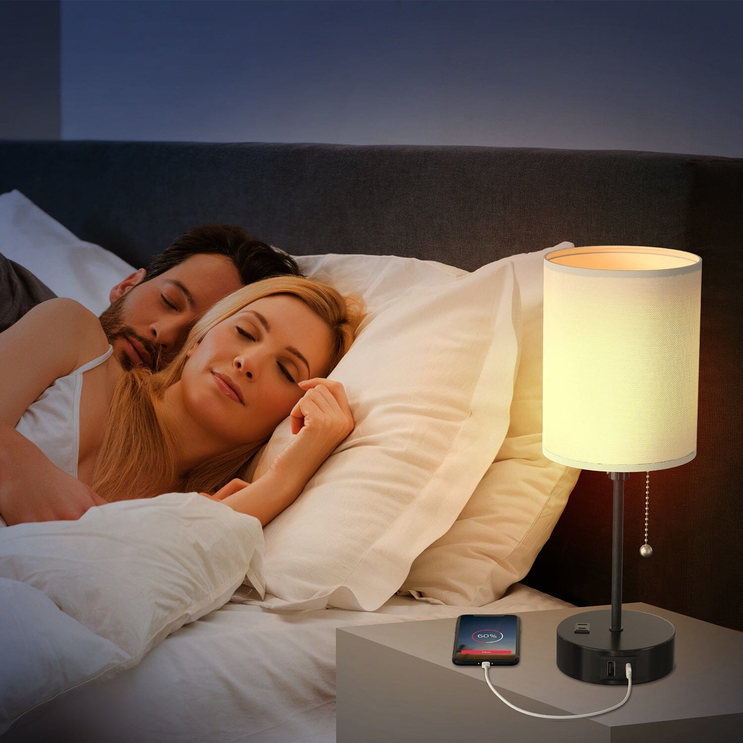 2-Pieces: Bedside Lamps 3 Color Modes USB C+A AC Output Ports Pull Chain Cheap Sale Manchester Great Sale