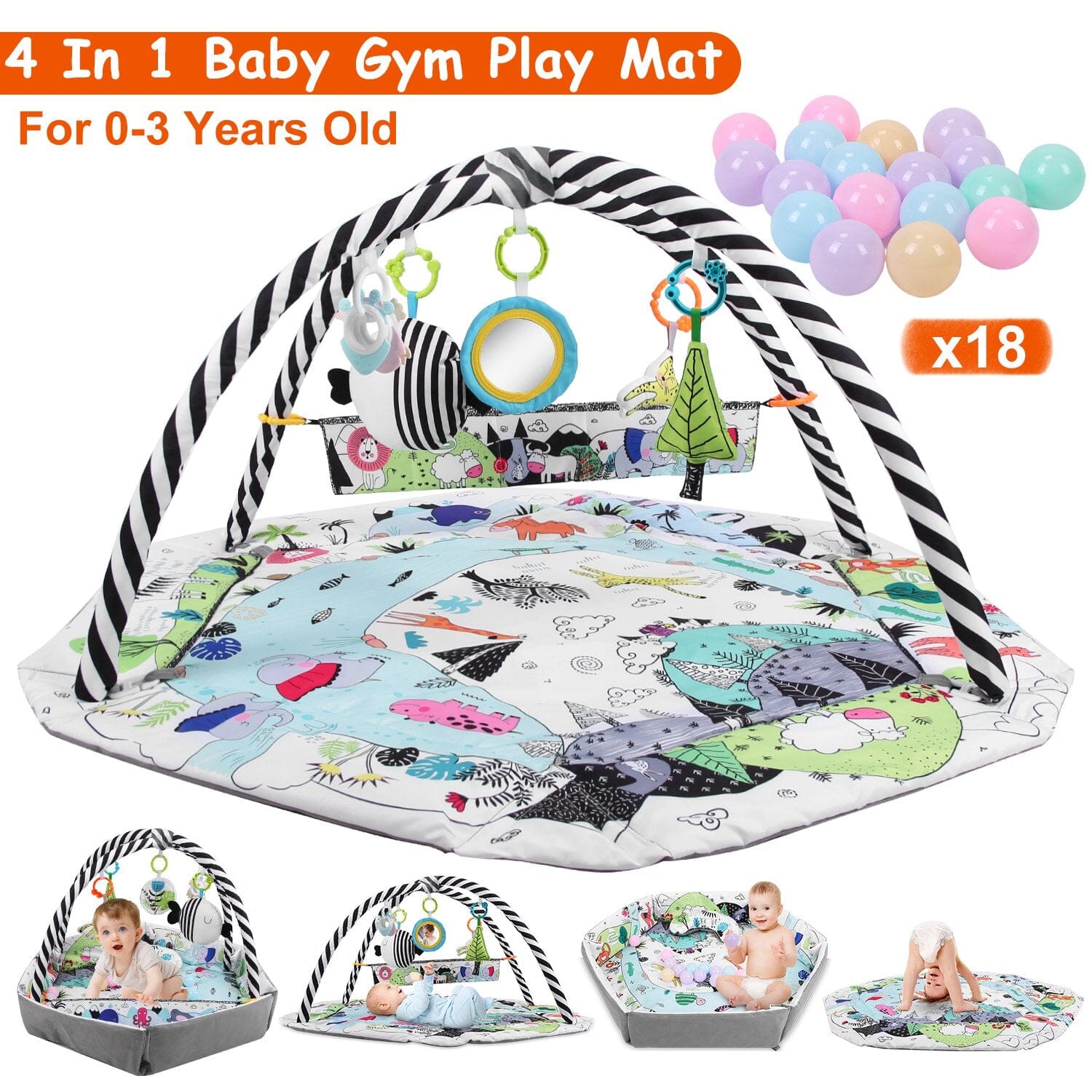 4-in-1 Baby Gym Play Mat Ball Pit with Pillow 18 Balls 9 Toys for 0-3 Years Old Fashionable Cheap Online